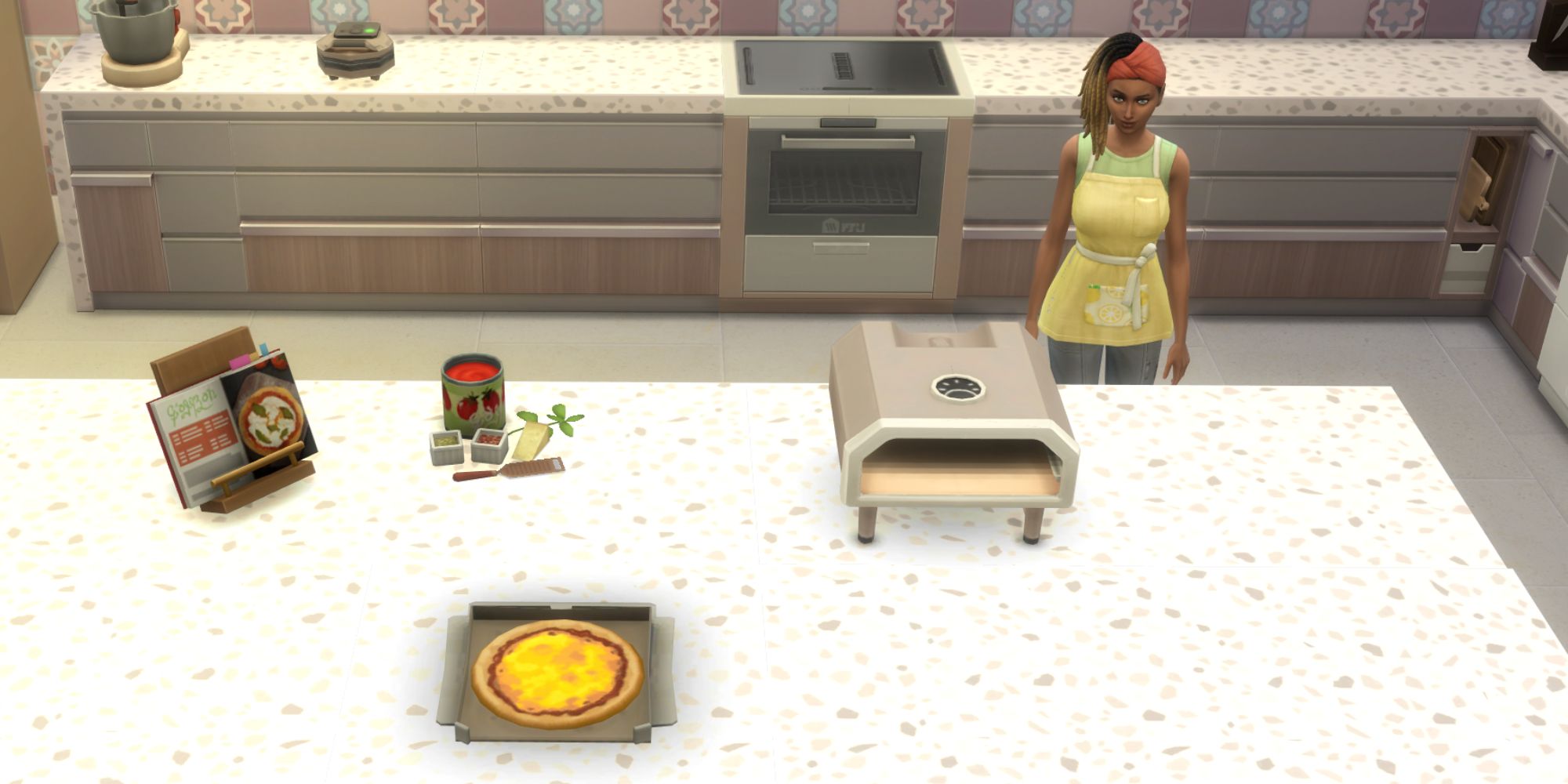 The Sims 4 HCH cheese pizza on a counter with a sim behind it