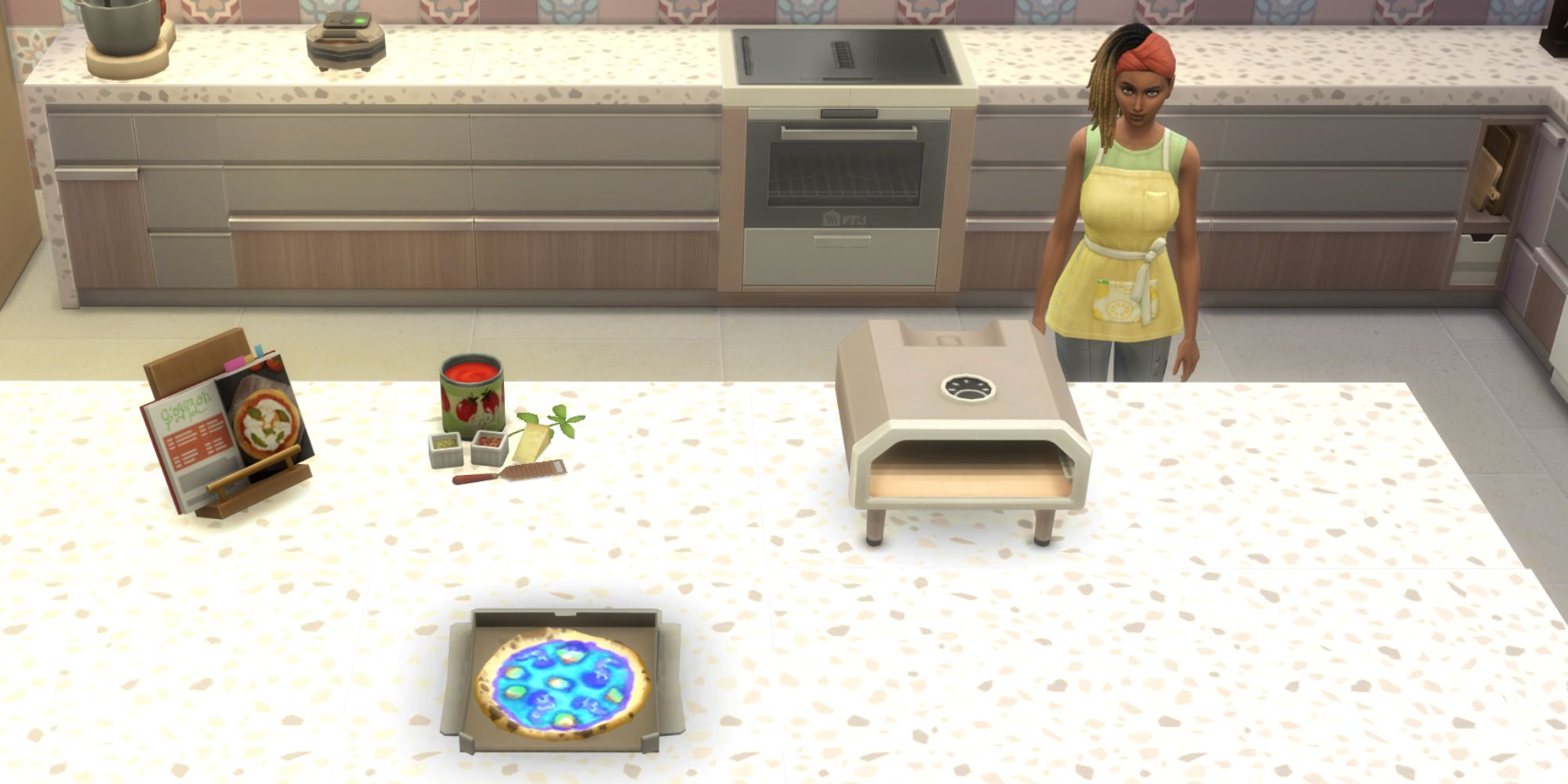 The Sims 4 HCH curious pizza on a counter with a sim behind it