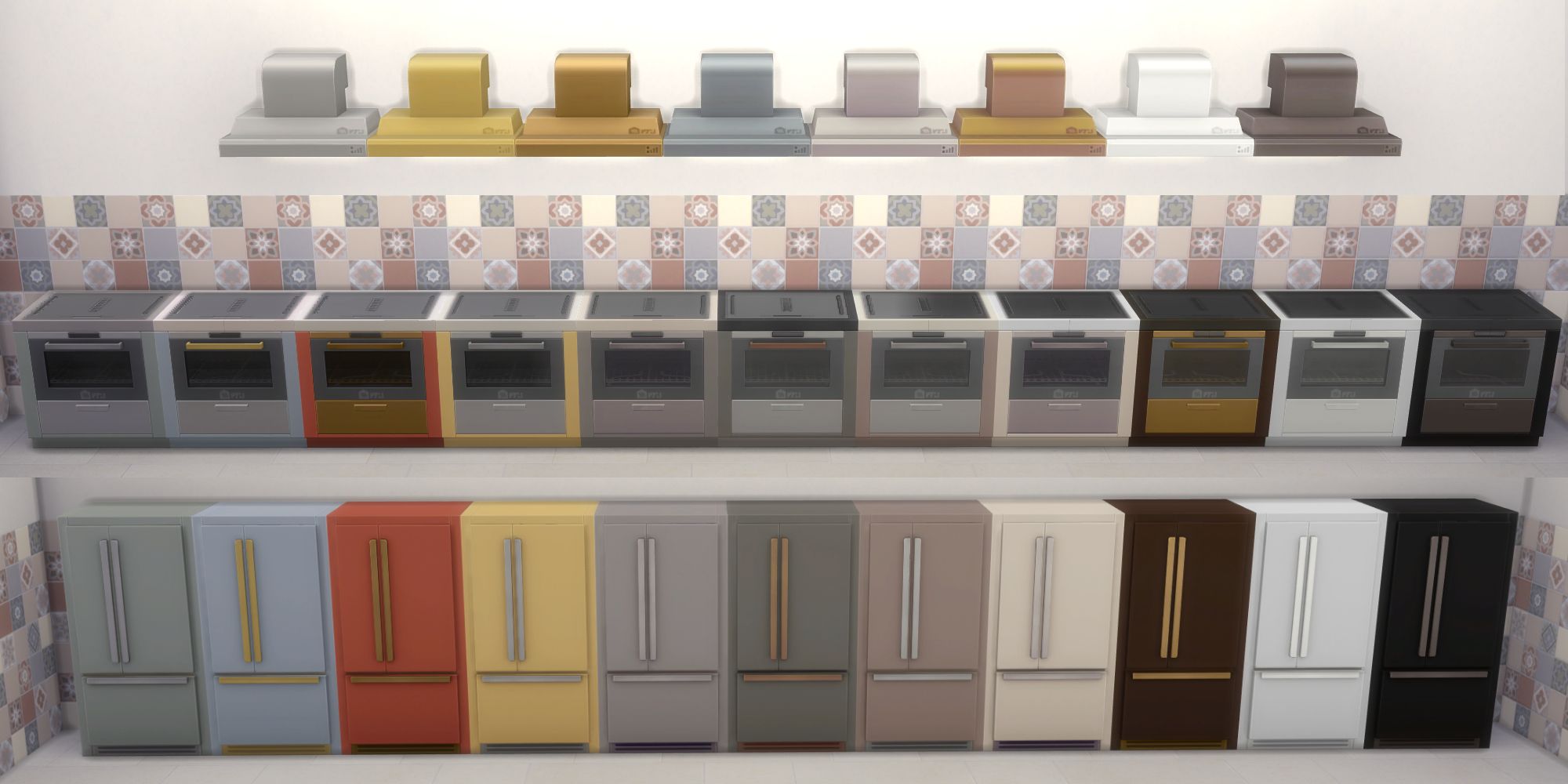 The Sims 4 HCH Fridges ovens and hoods all in a row