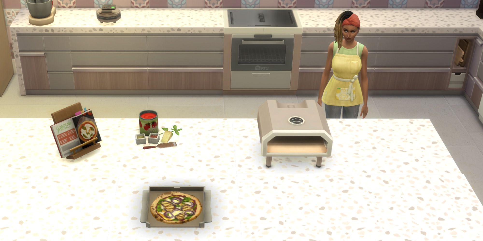 The Sims 4 HCH Garden pizza on a counter with a sim behind it