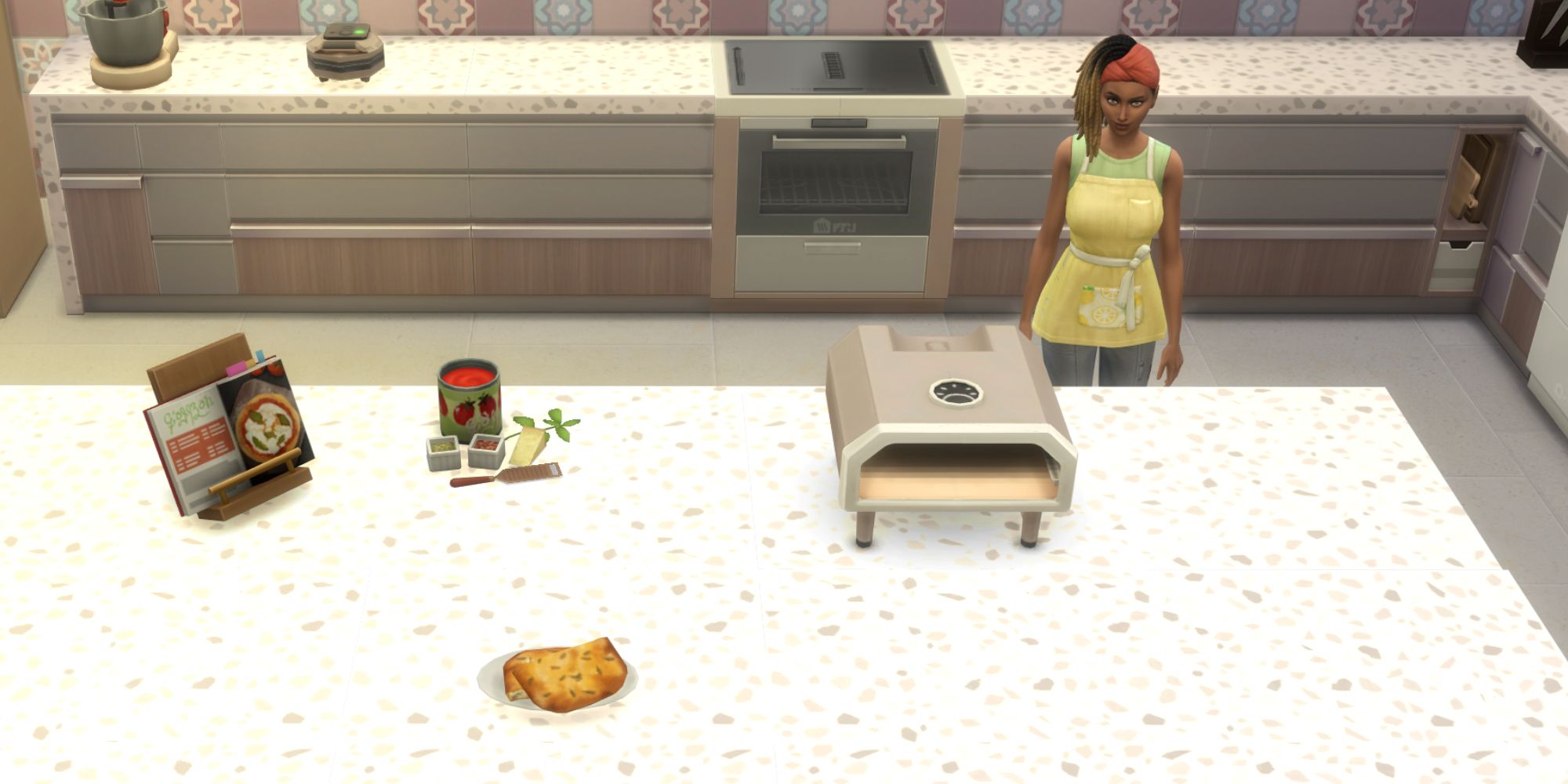 The Sims 4 HCH herb focaccia on a counter with a sim behind it