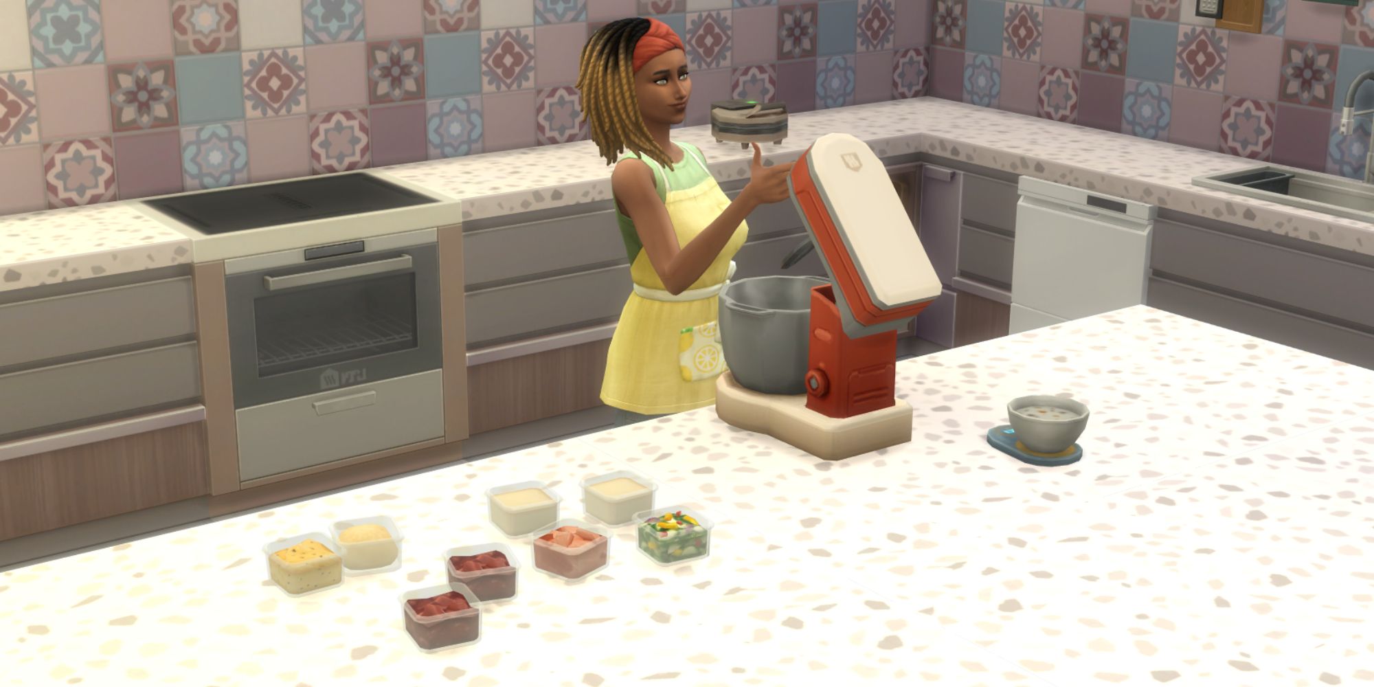 The Sims 4 HCH ingredients on the counter next to sim using stand mixer