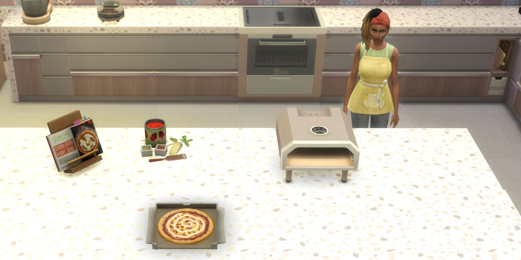 The Sims 4 HCH kebab pizza on a counter with a sim behind it