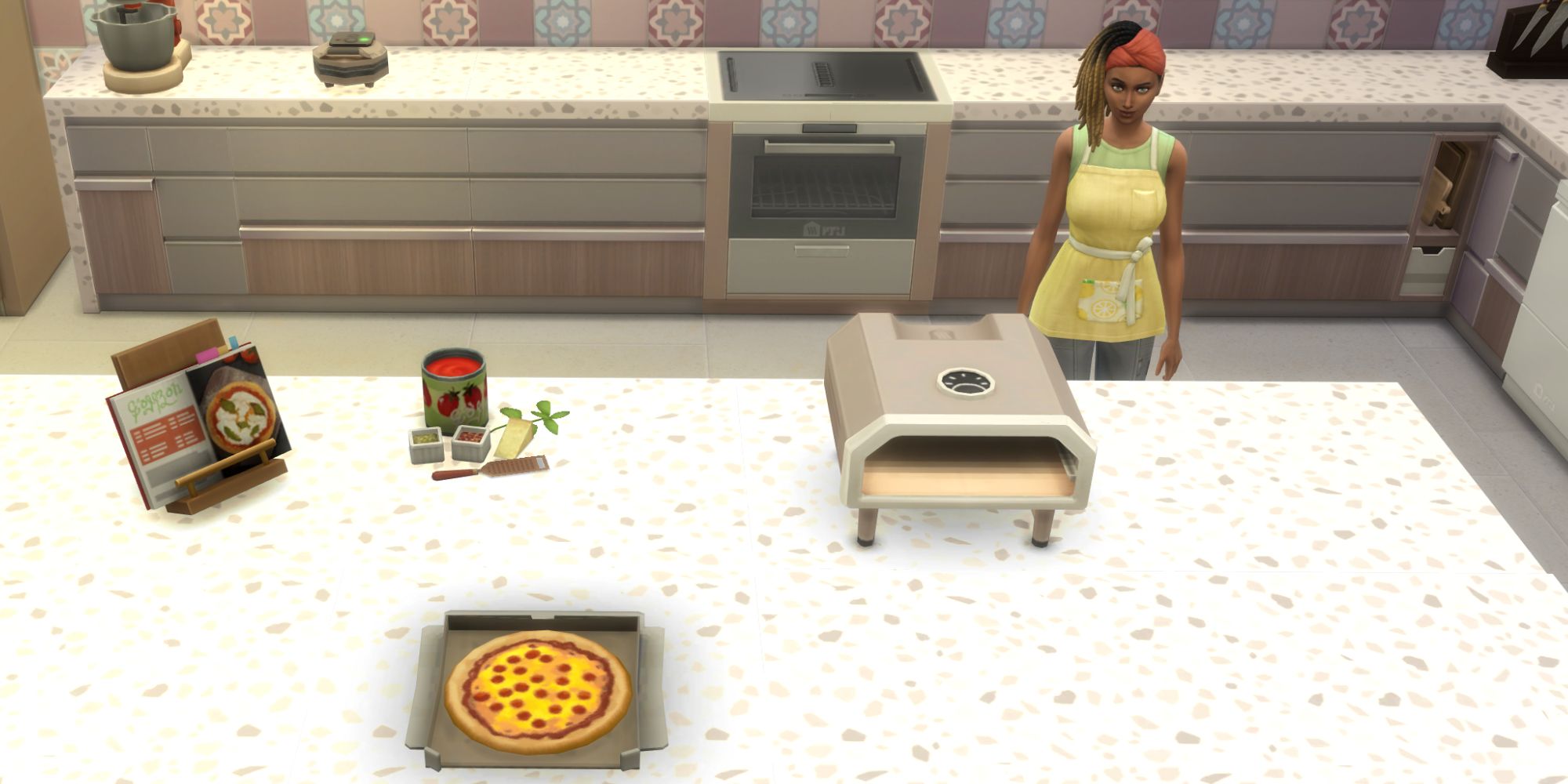 The Sims 4 HCH pepperoni pizza on a counter with a sim behind it