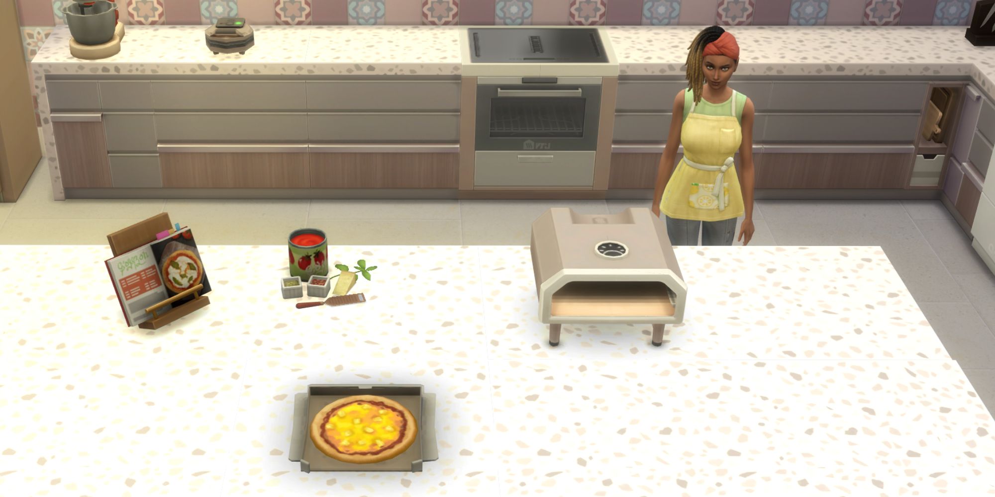 The Sims 4 HCH pineapple pizza on a counter with a sim behind it