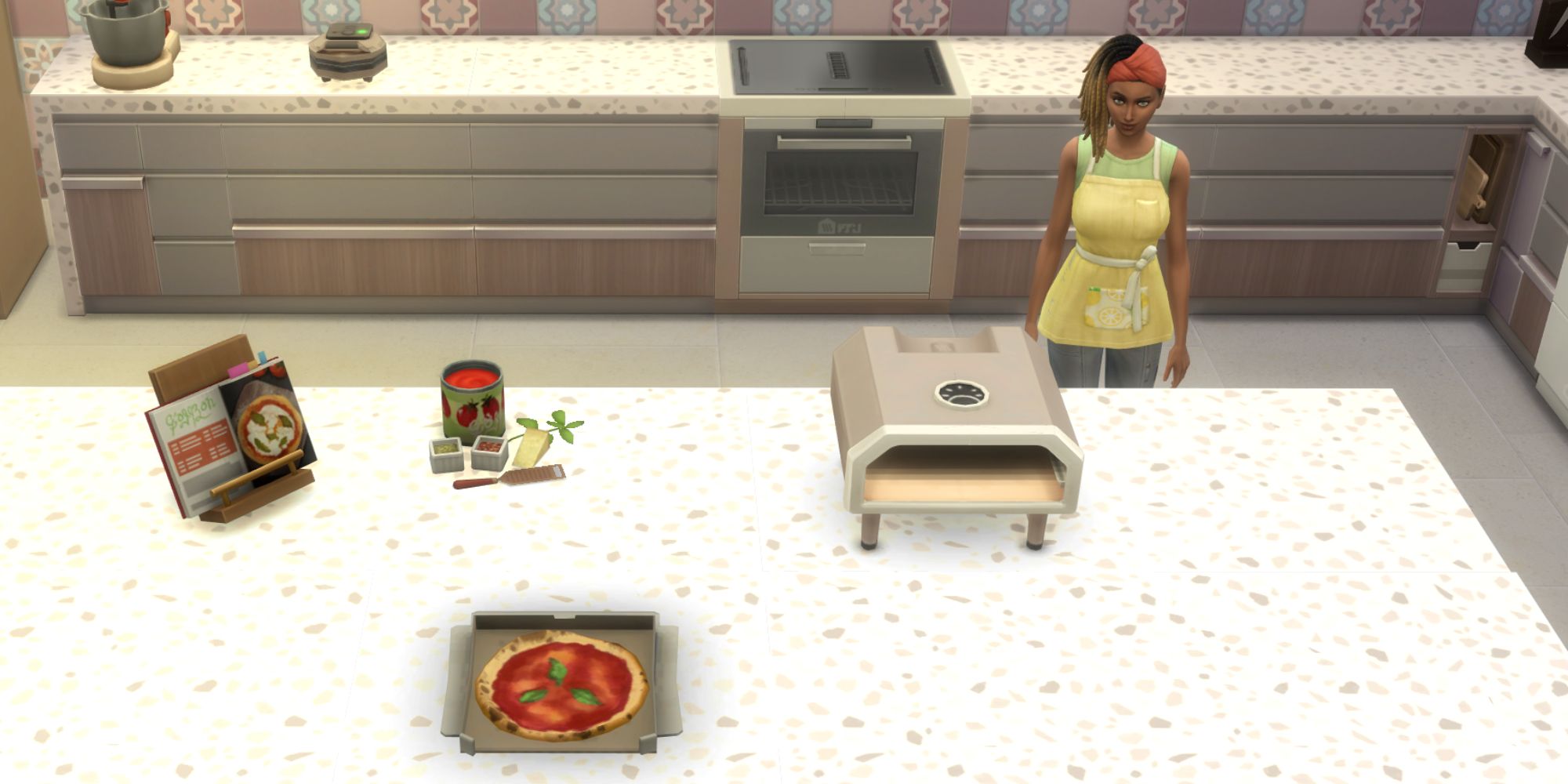 The Sims 4 HCH pizza marinara on a counter with a sim behind it