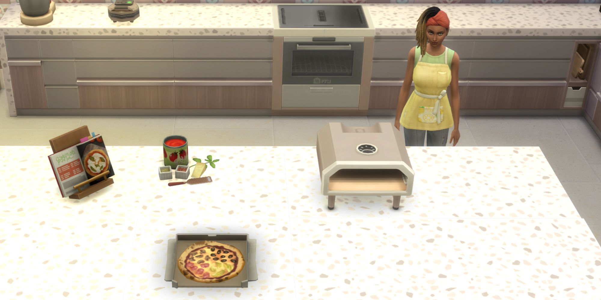 The Sims 4 HCH pizza quattro stagioni pizza on a counter with a sim behind it