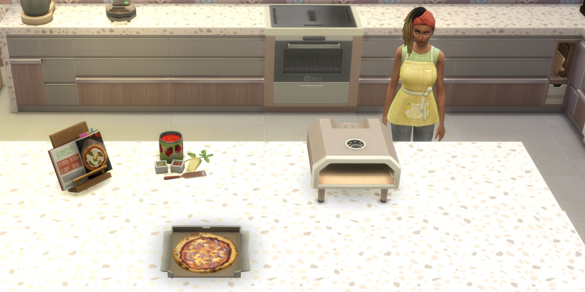 The Sims 4 HCH seafood pizza on a counter with a sim behind it