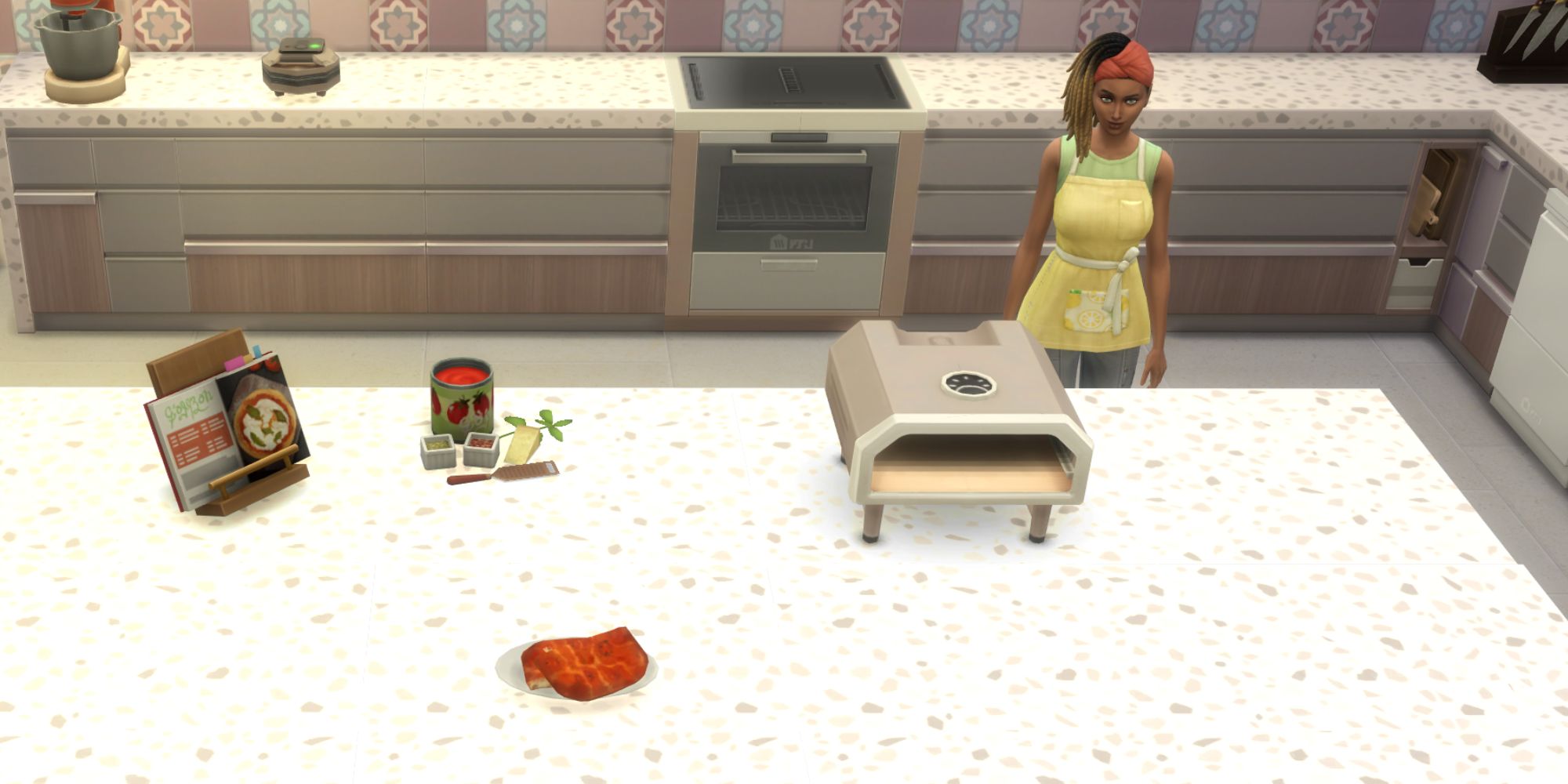 The Sims 4 HCH  sfincione on a counter with a sim behind it