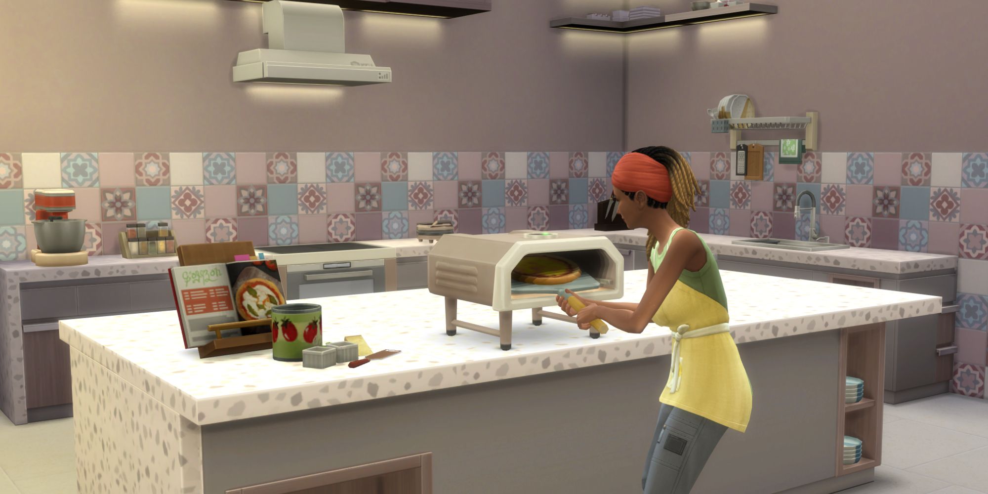 The Sims 4 HCH Sim taking a pizza from the oven in a HCH decorated kitchen