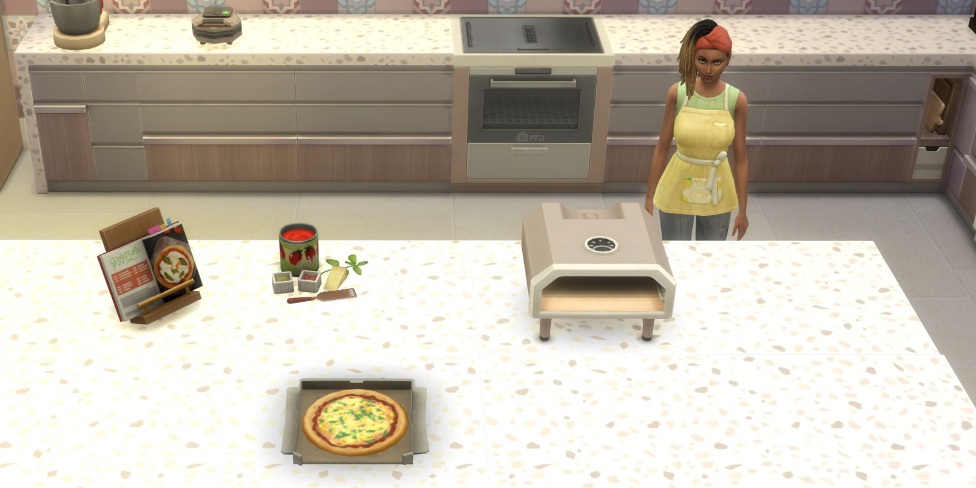 The Sims 4 HCH sweet corn pizza on a counter with a sim behind it