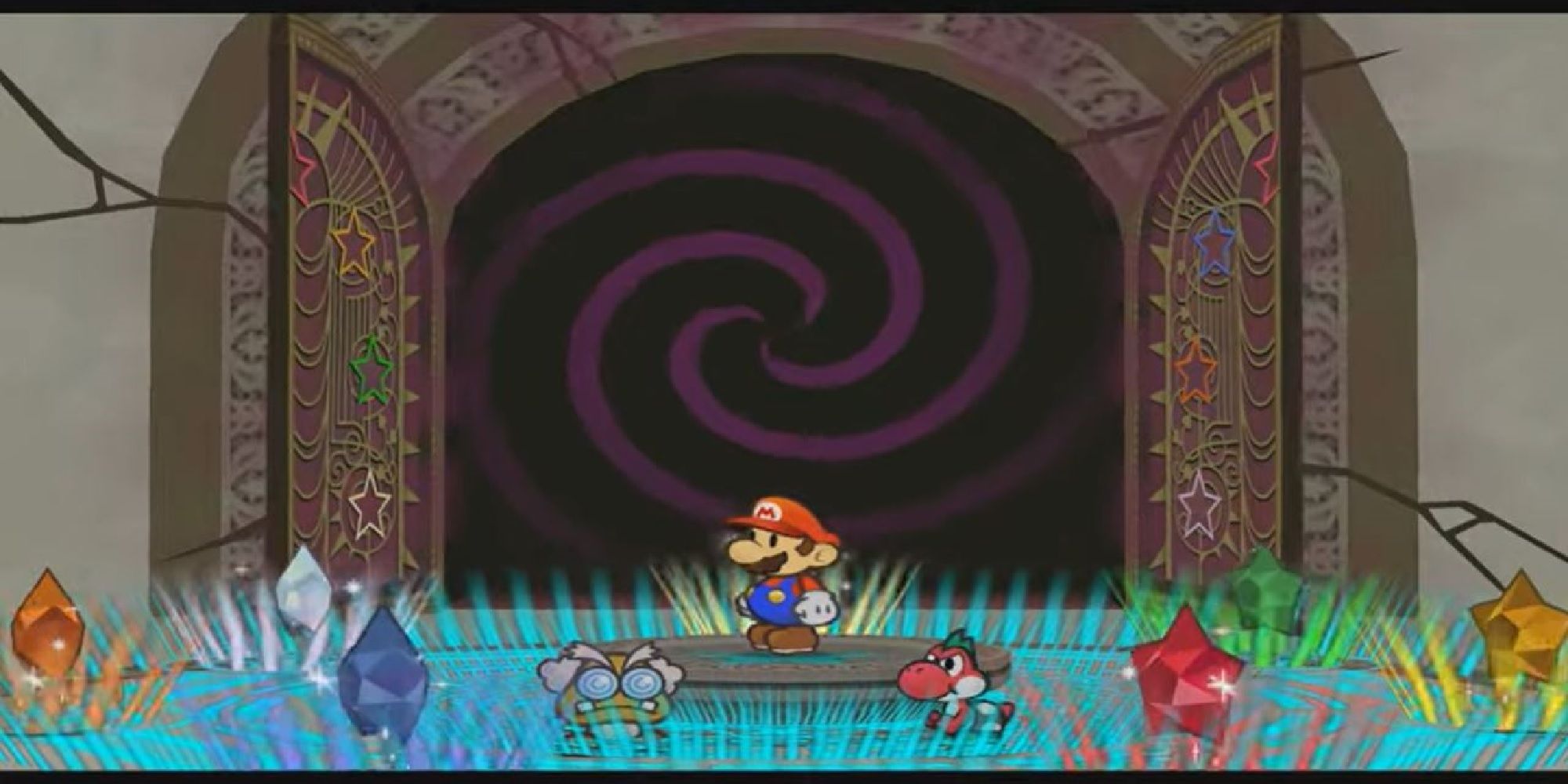 The thousand year door opens with purple smoke and magic swirling into an ominous darkness while Mario watches.