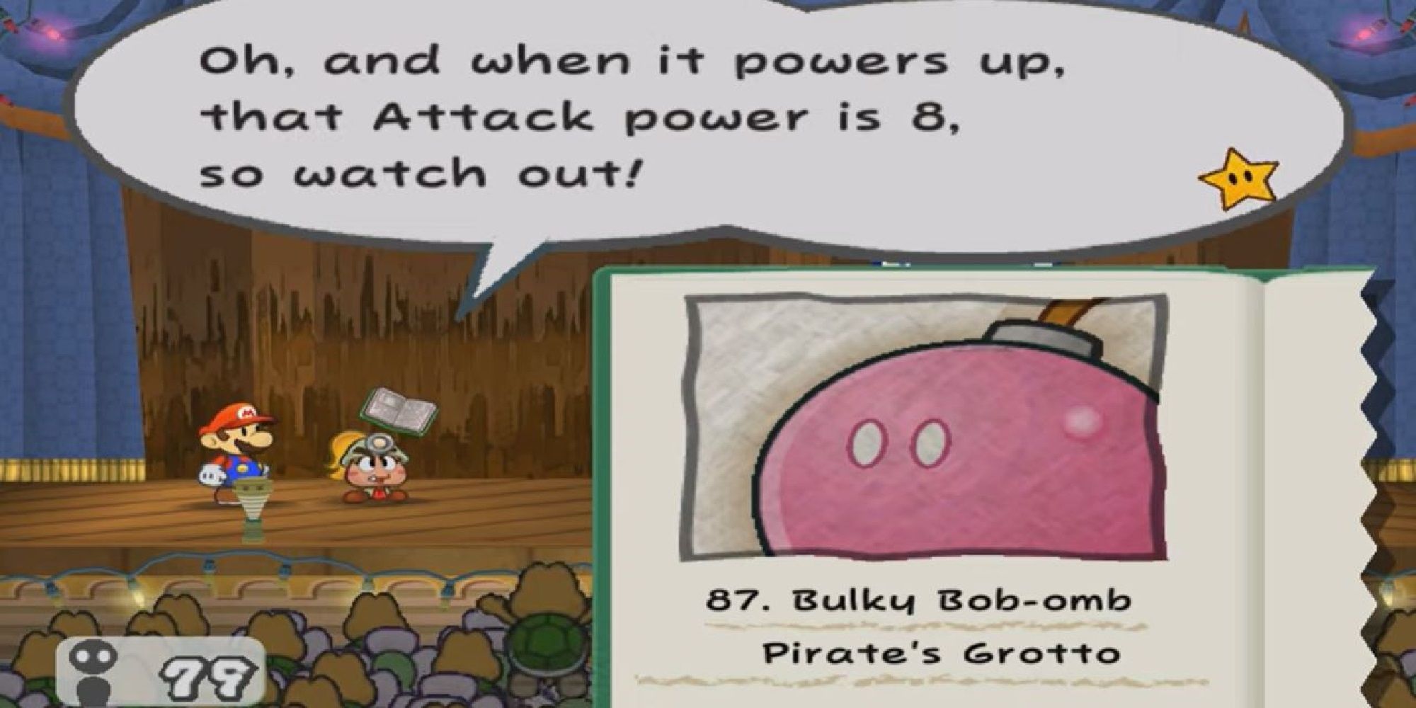 Goombella warns about a large pink Bob-omb's strength in a battle