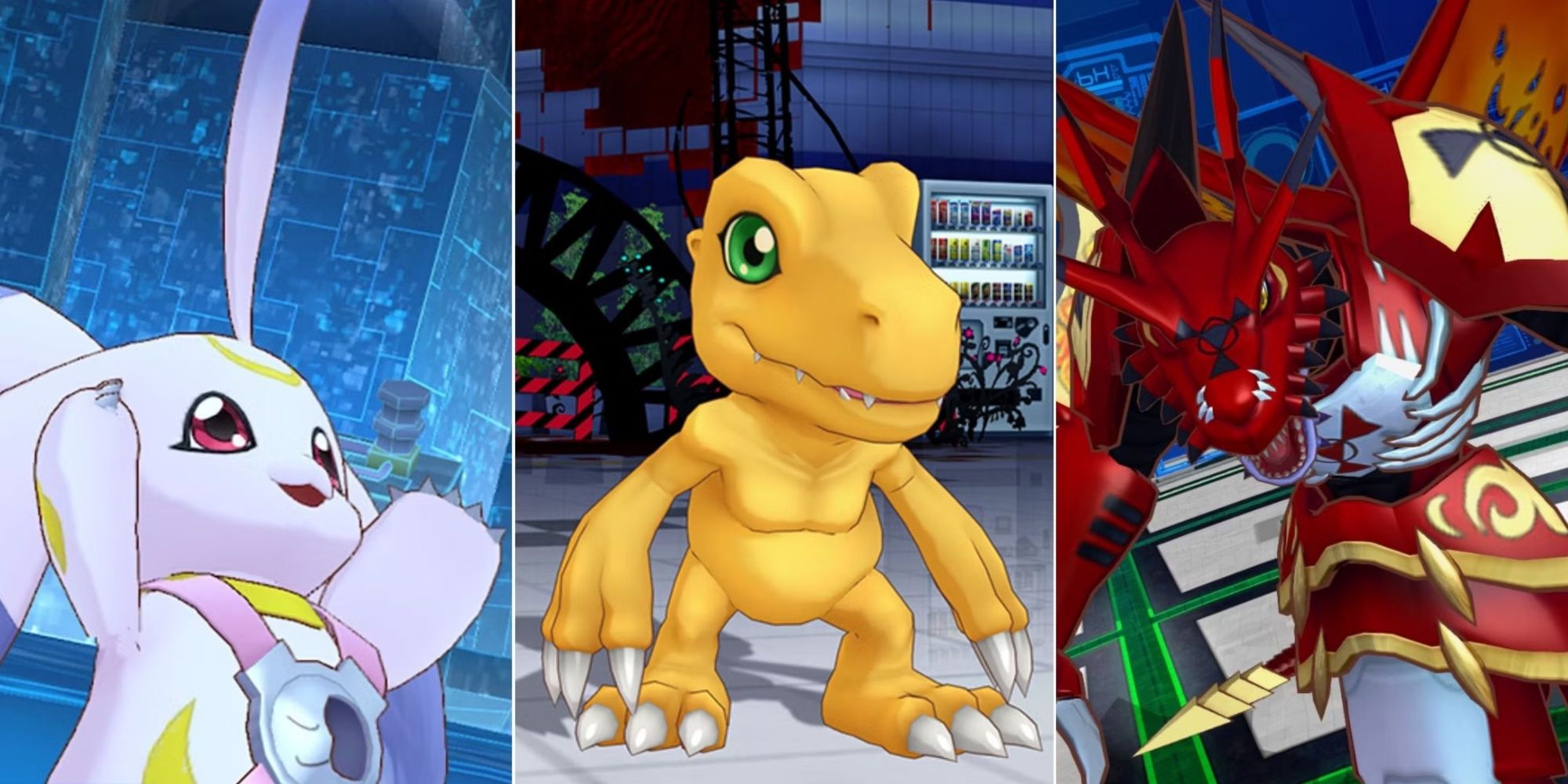 Three different digimon, including an Agumon, from Digimon Story Cyber Sleuth