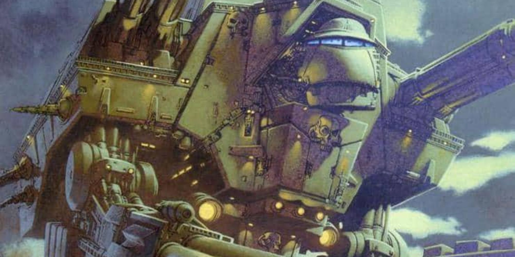 warhammer art showing head and shoulders of large titan mech
