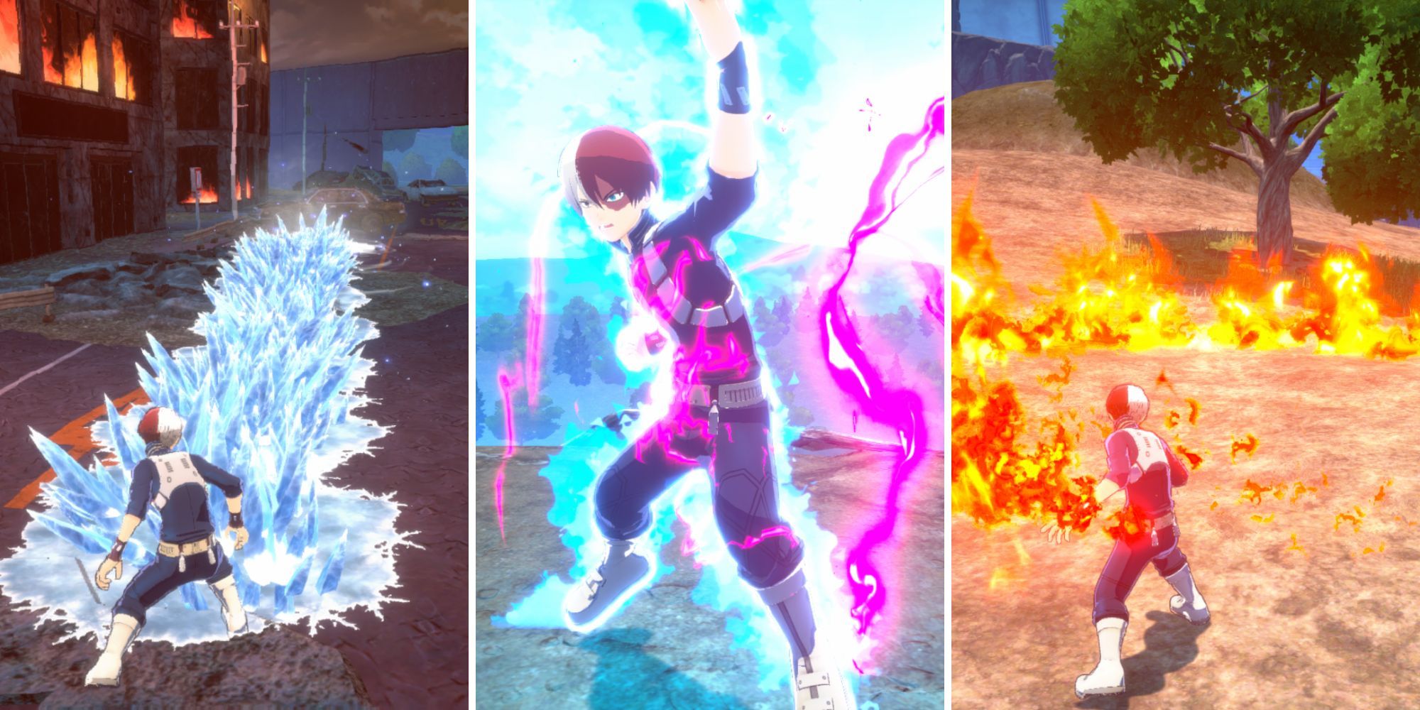 Gameplay collage of Todoroki using Quirk Skills and going Plus Ultra.