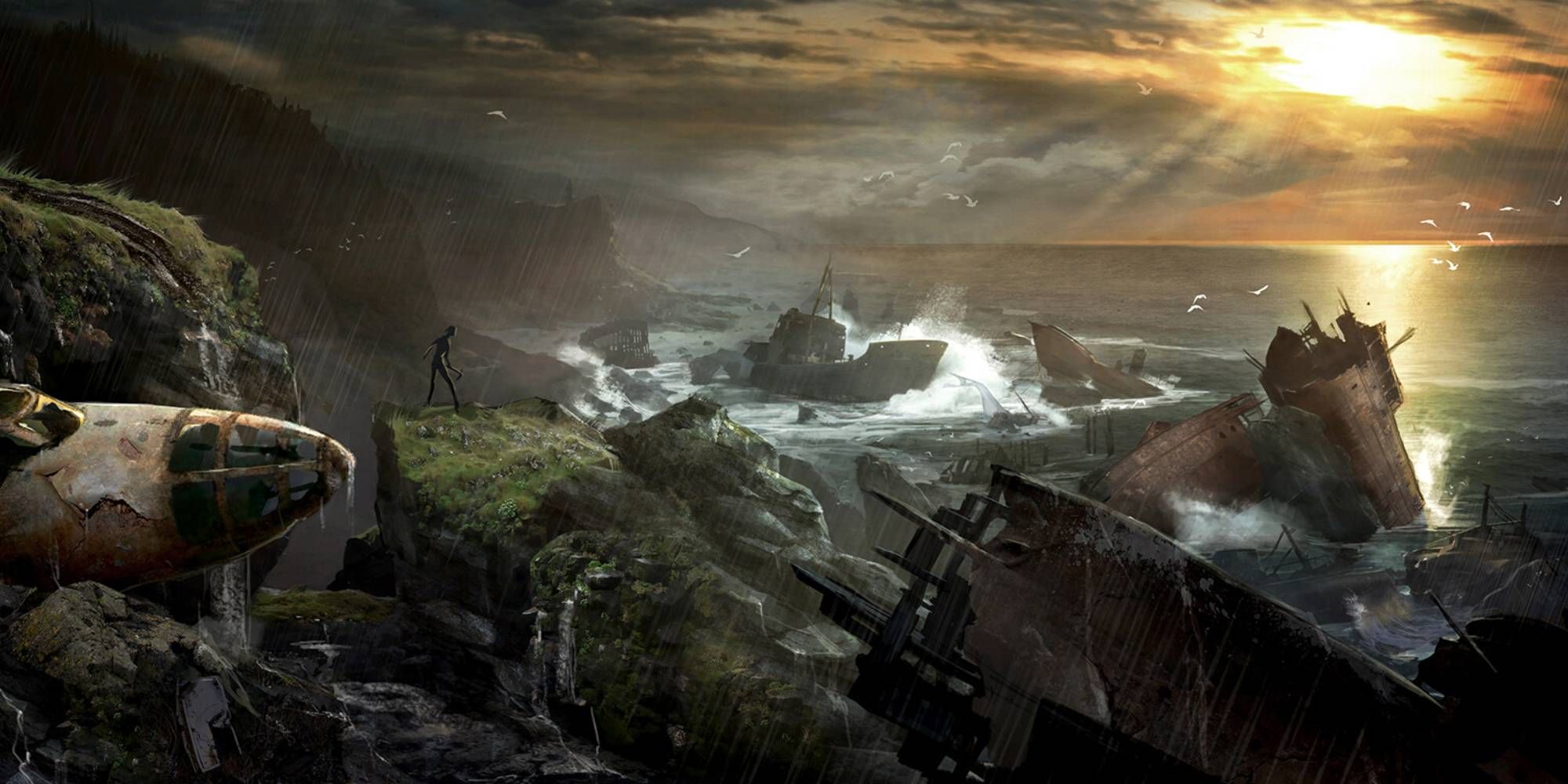 Ein Gemälde mit einer einsamen Figur auf einer Klippe nach einem Schiffbruch
