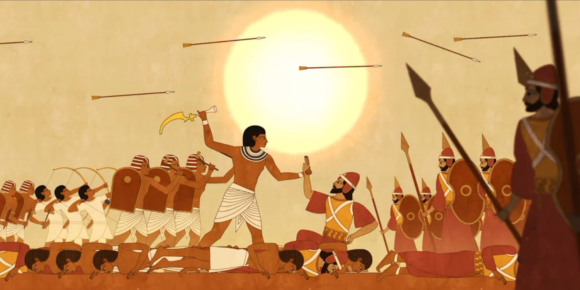 An Egyptian soldier prepares to kill a captured enemy soldier in a stylized scene of Total War: Pharaoh