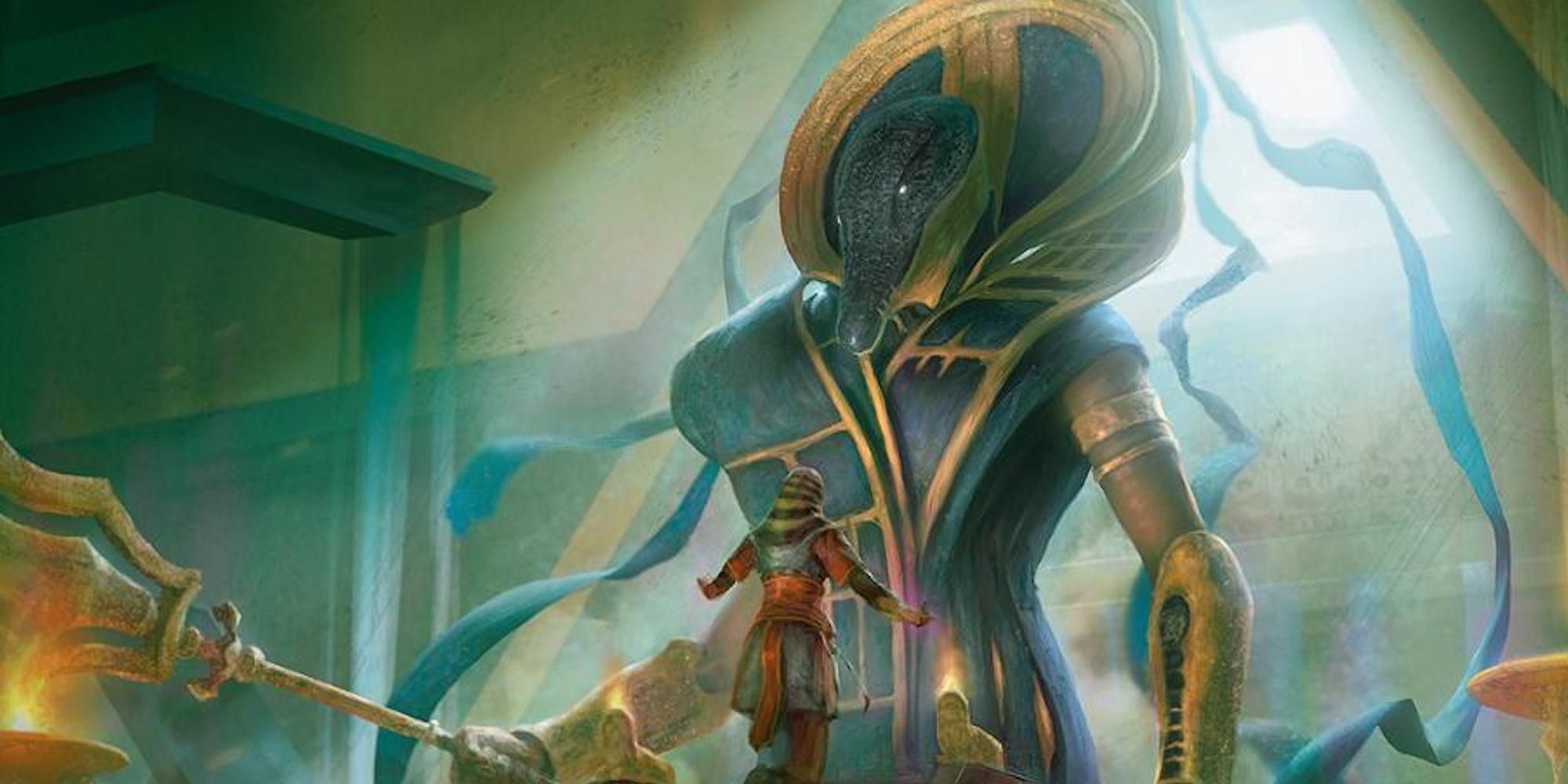 A man stands with his arms out before a large deity.