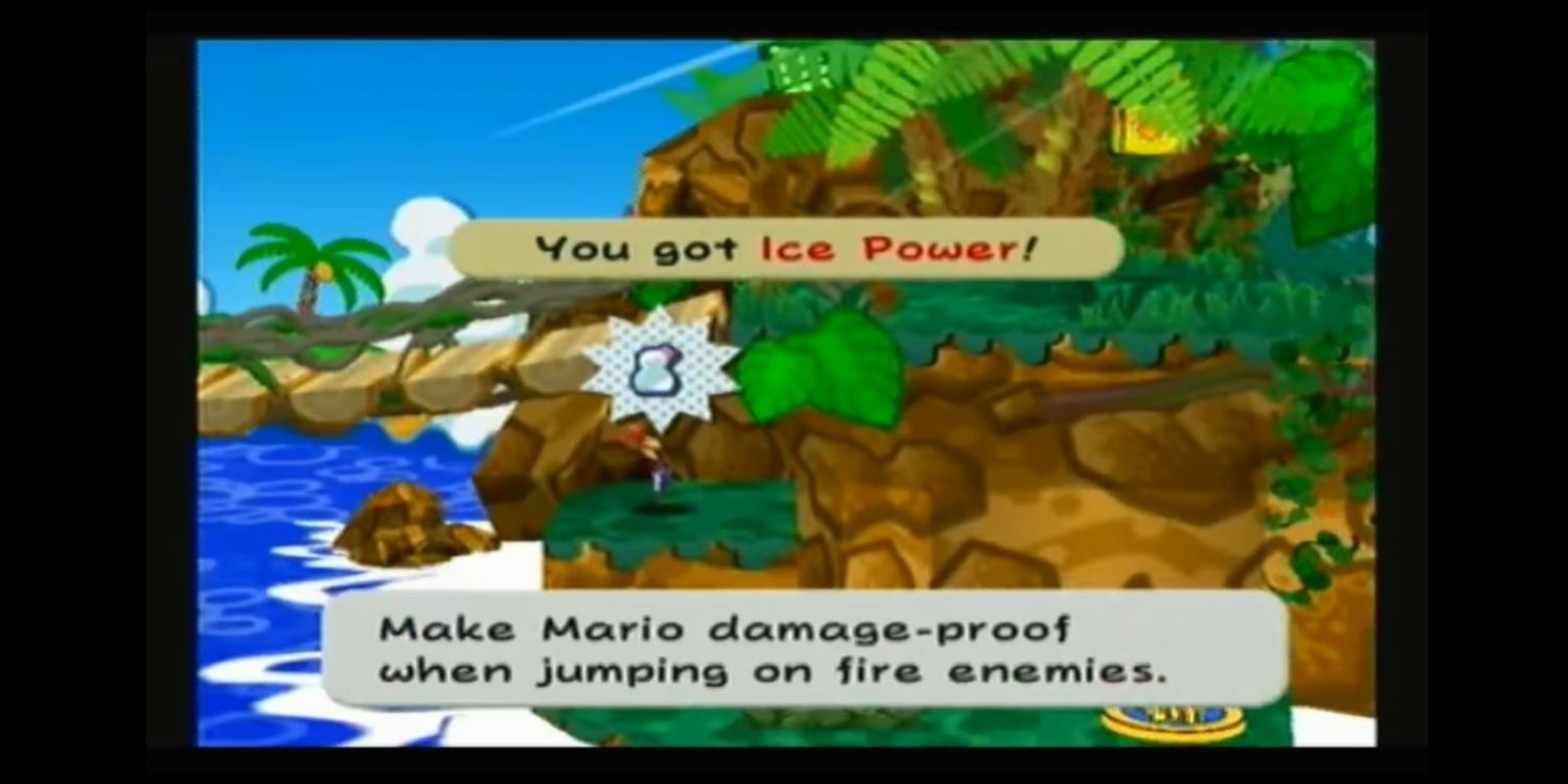 Mario slips under a bridge in paper form in order to grab the Ice Power badge