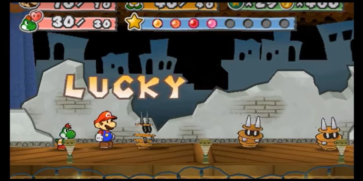 Mario stands in front of an attacking enemy who misses