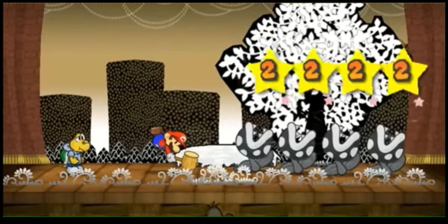 Mario uses the quake hammer to attack multiple enemies at once from a distance.
