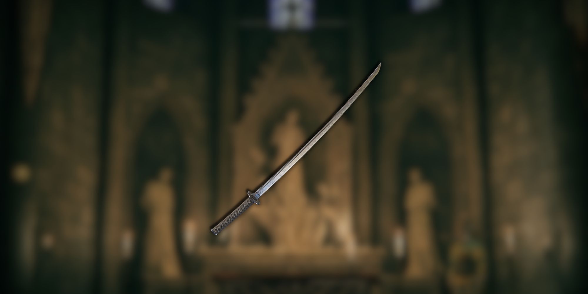 A plain looking, steel katana overlayed over a blurred background.