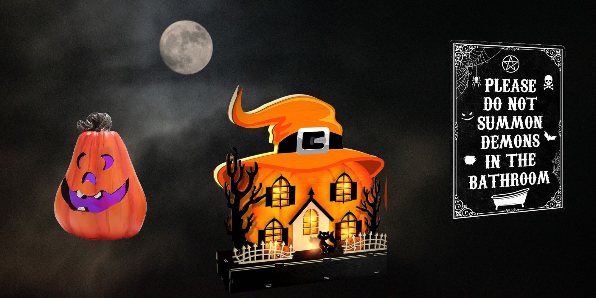 Spooky background, with a Halloween pumpkin, yard sign, and a wooden toy house in it. 