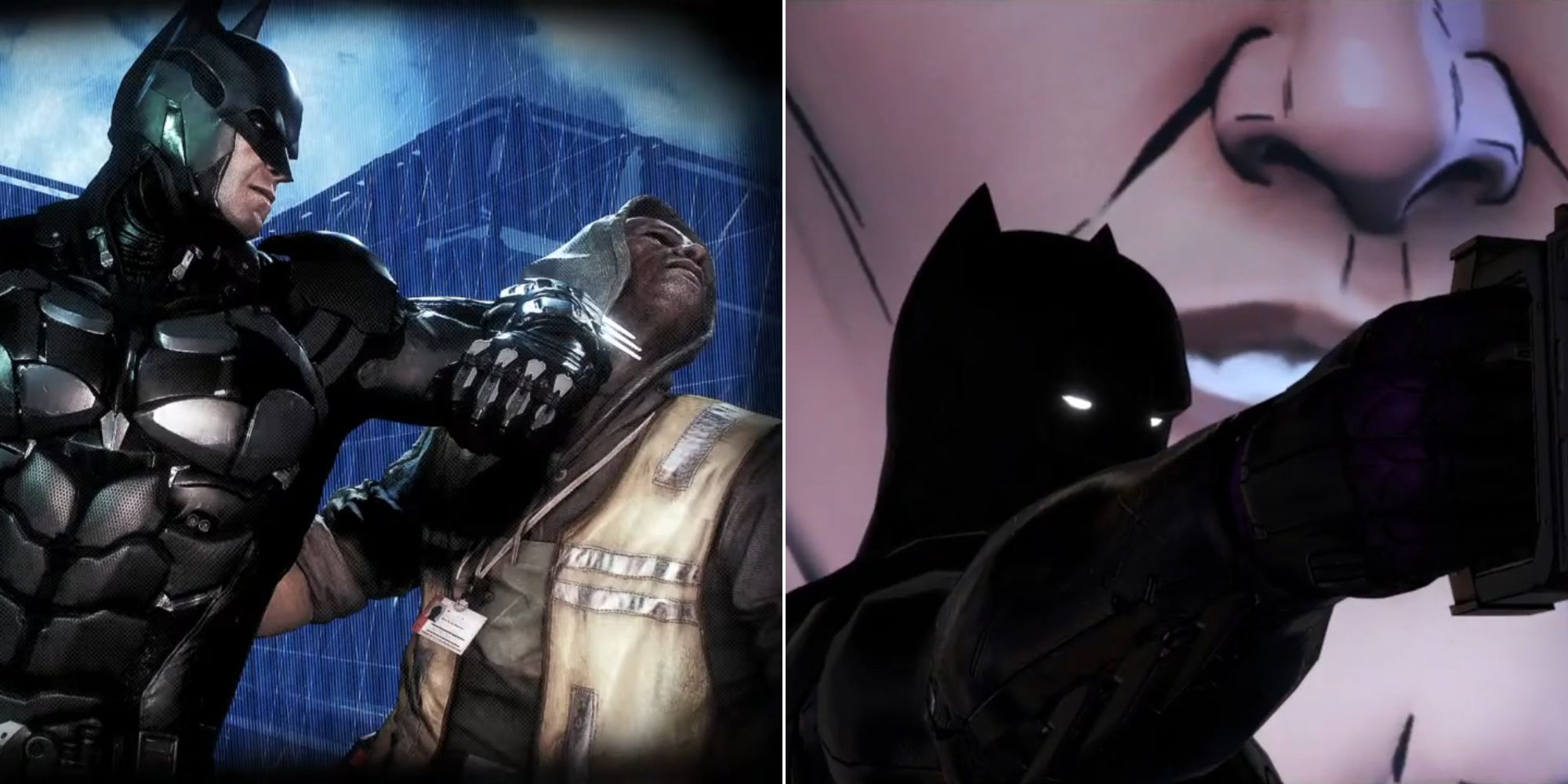 Collage of Batman fighting in Batman: Arkham Knight, and Batman: The Telltale series.