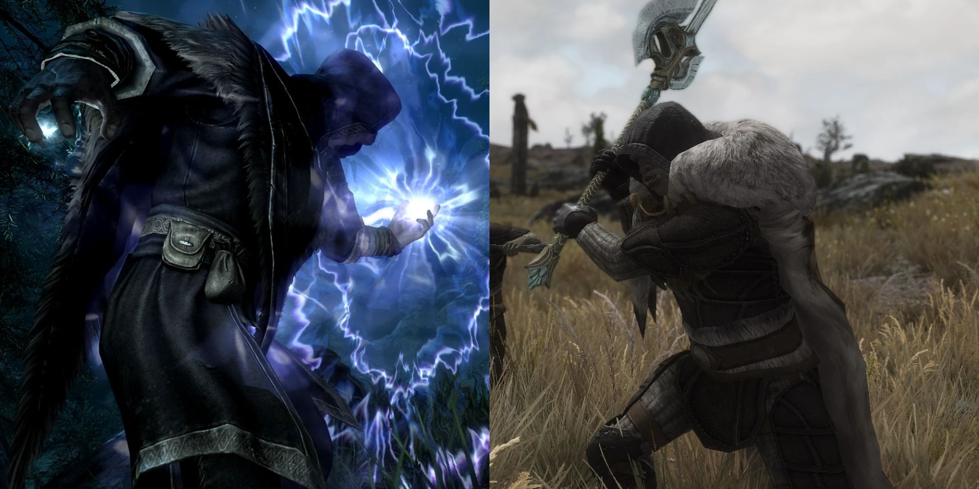 A collage showing a sorcerer casting a spell and a warrior wielding an axe.