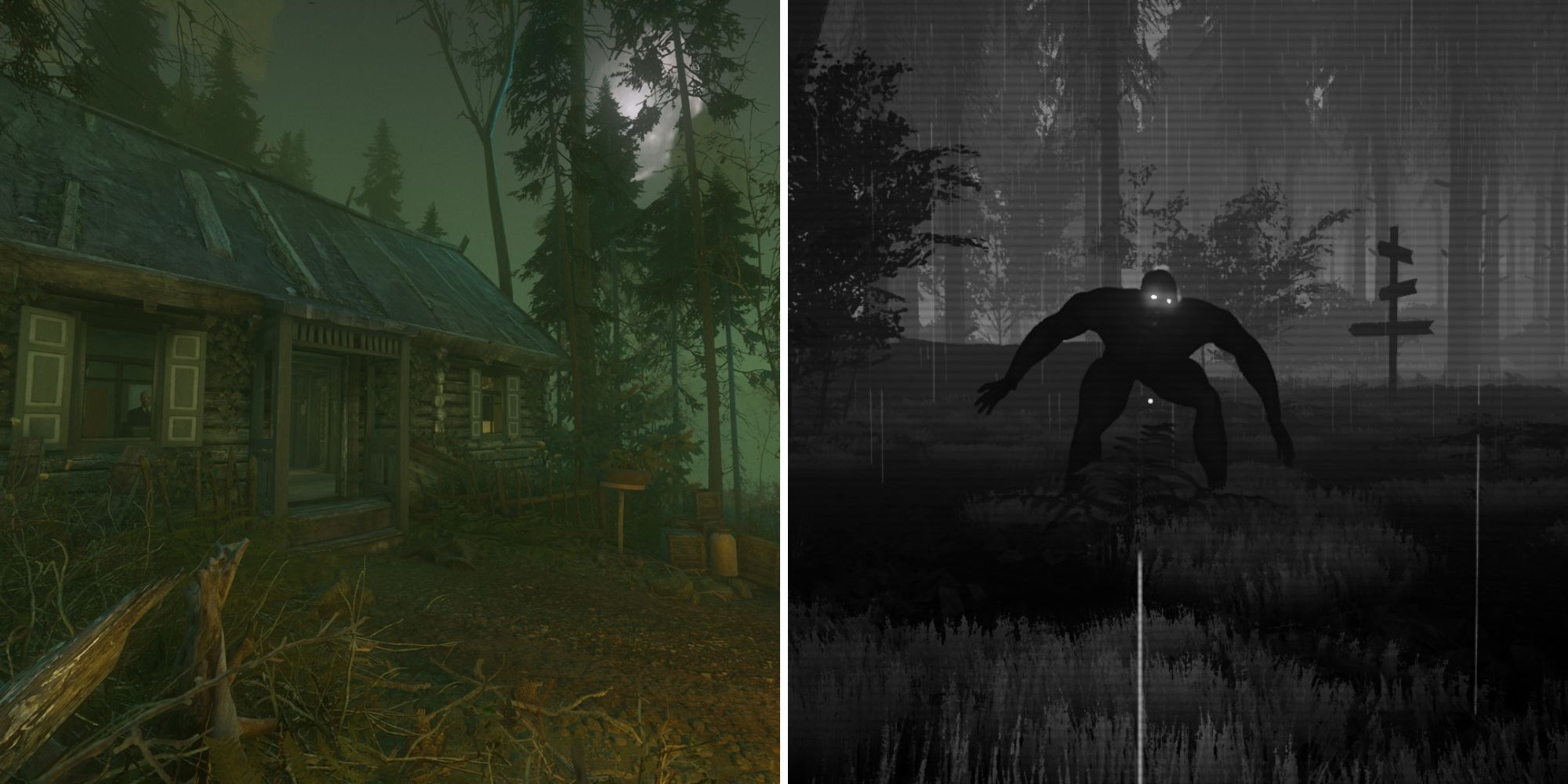 A split image of bright moonlight and a green haze enveloping a solitary log cabin in the woods, and a black and white picture of a large, muscular humanoid with glowing eyes.