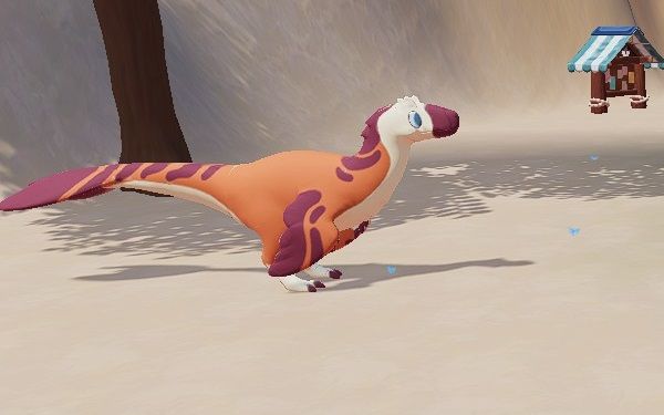 Orange and dark pink Utahraptor standing near a tree in Archeo Pelago during the day in Paleo Pines.