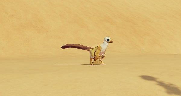 Yellow and brown Velociraptor walking in Ariacotta Dunes during the day in Paleo Pines.