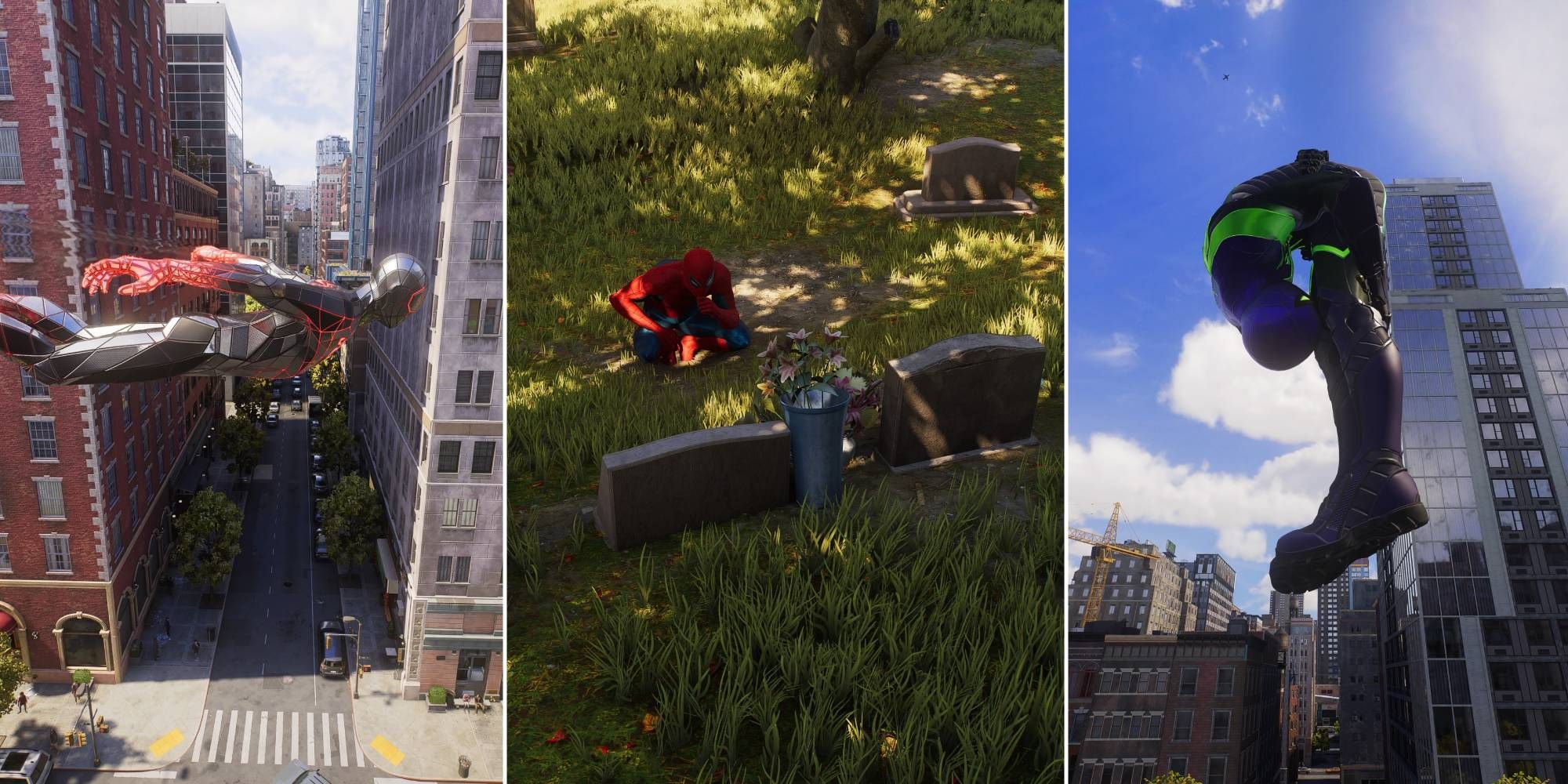 Miles flies with his web wings, Peter visits Aunt May's grave, and Miles does an aerial trick in Spider-Man 2.