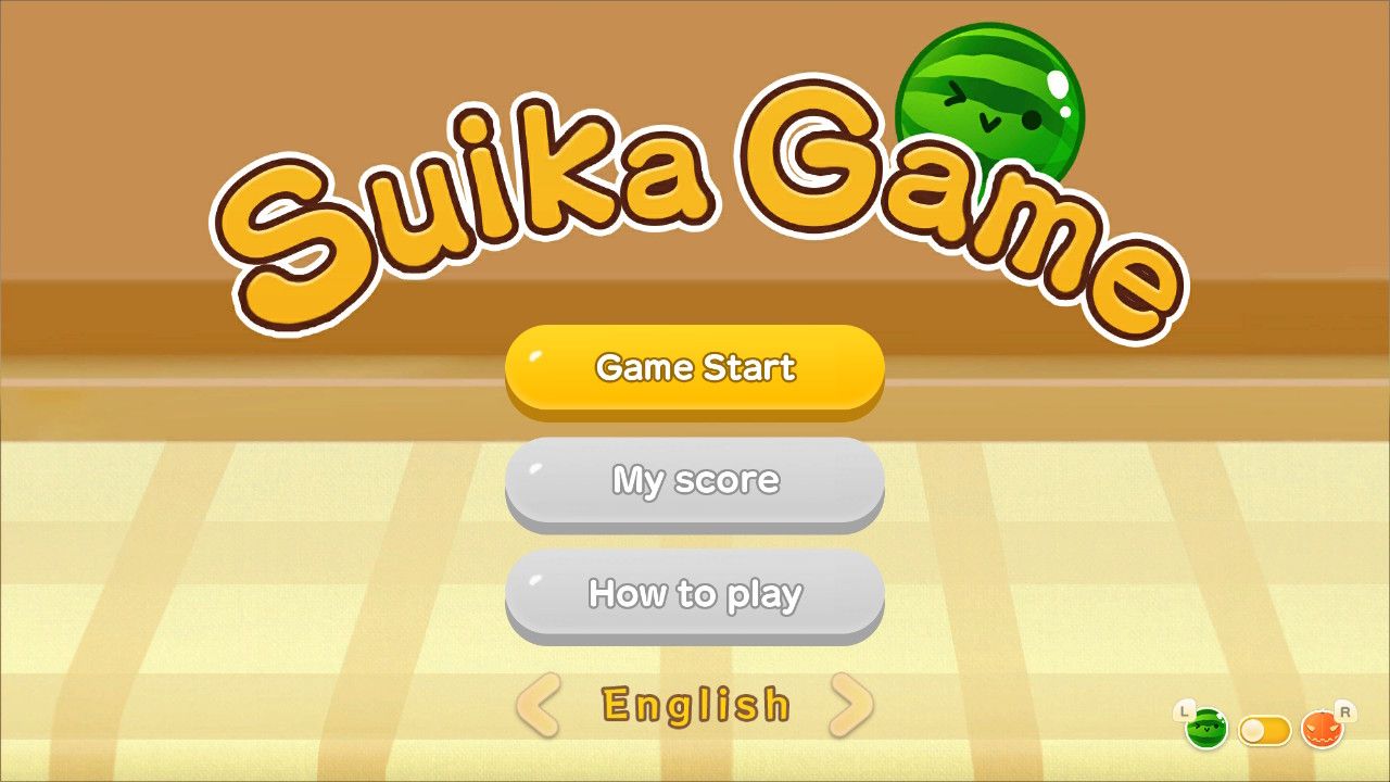 The title screen with Game Start, my Score, How To Play, and Language Settings in Suika Game.