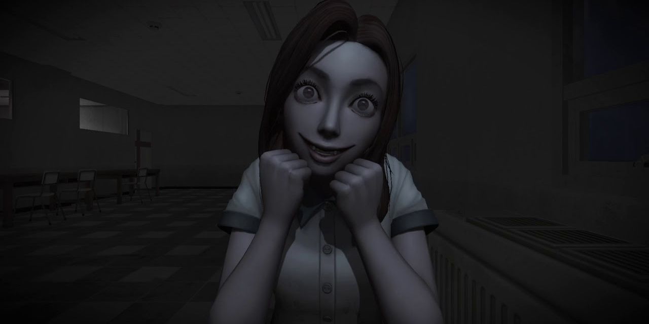 White Day: A Labyrinth Named School schoolgirl ghost with an eerie smile staring wide-eyed at the viewer