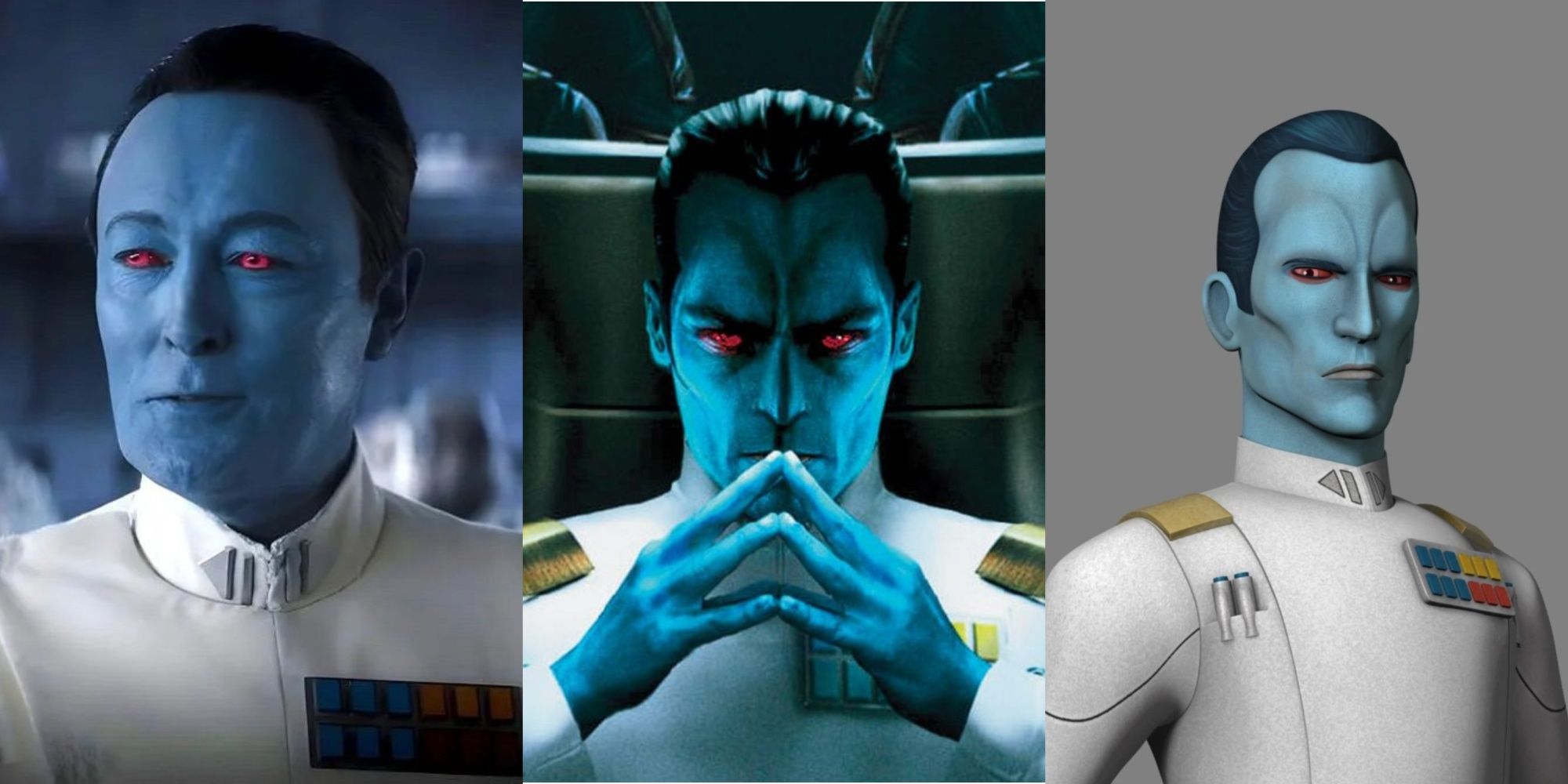 Grand Admiral Thrawn in live action, a book cover of him, and Thrawn as seen in Star Wars Rebels