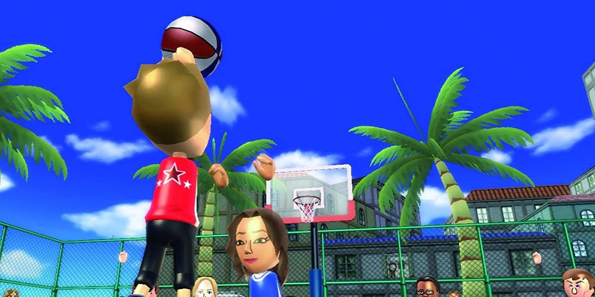 A mii in a basketball jersey shoots a jumpshot in Wii Sports Resort