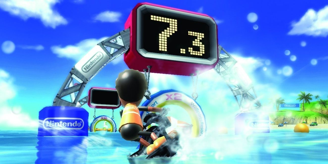 A mii in an orange shirt rides a jet ski in Wii Sports resort power cruising