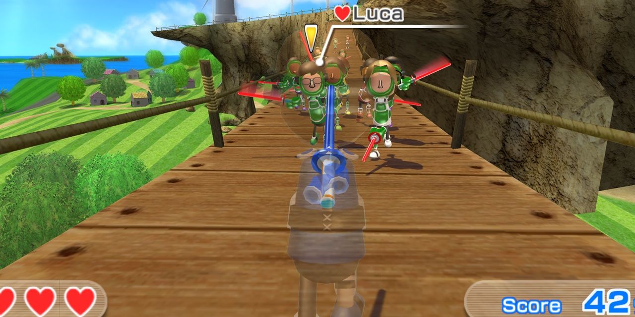 A screenshot from the sword play minigame in Wii Sports Resort