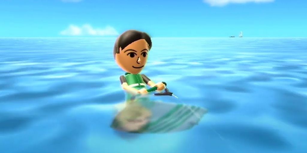 A mii riding on a standing wakeboard holding onto a rope from Wii Sports Resort