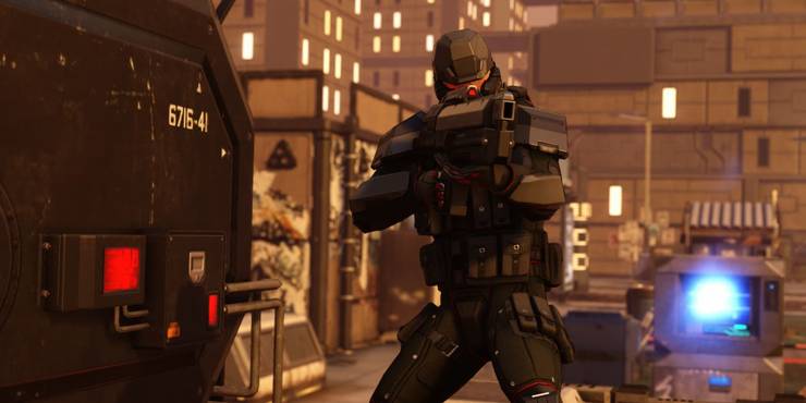 A soldier exits his vehicle and points his weapon in XCOM 2.