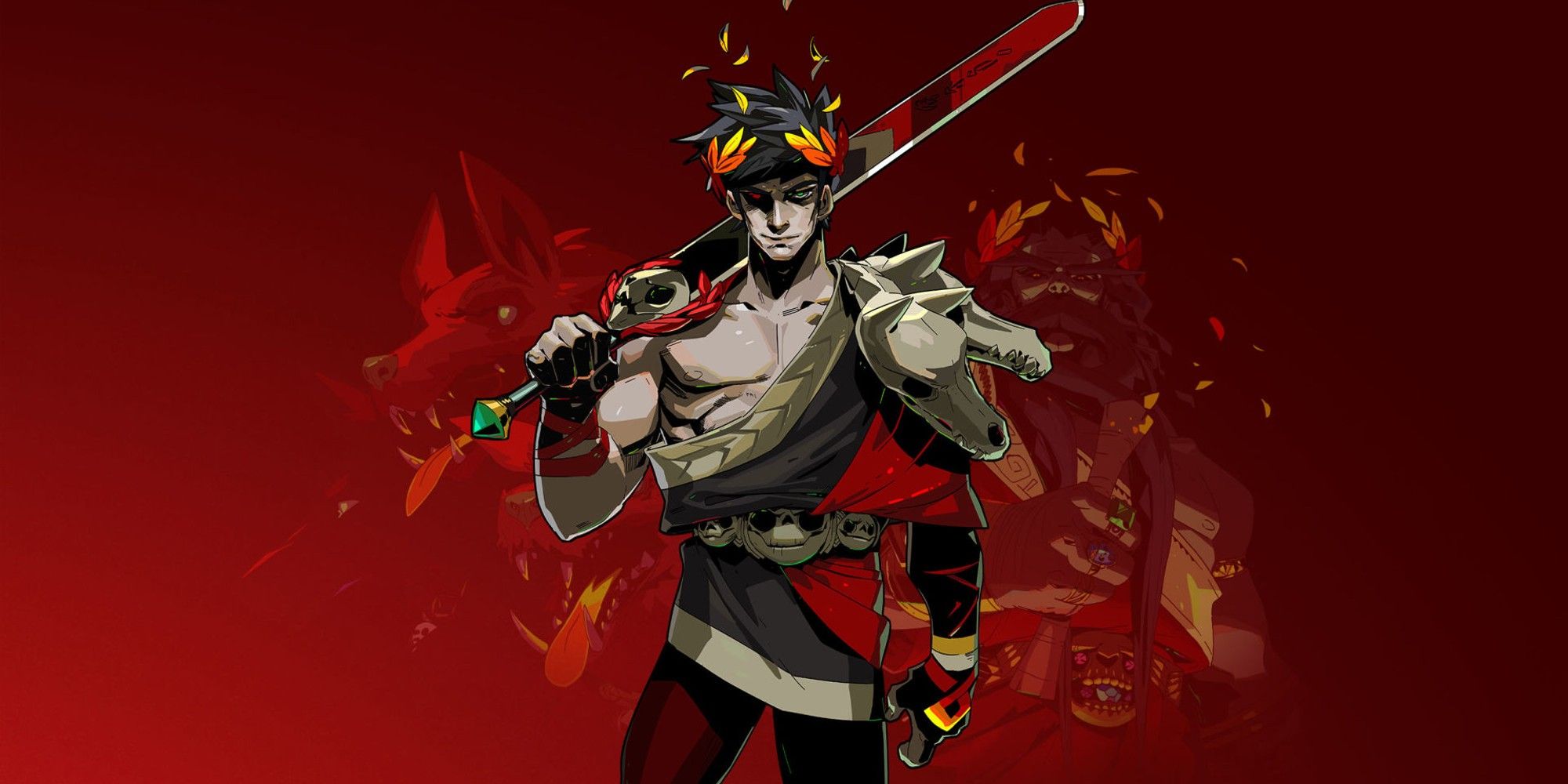 Zagreus standing against a picture of his father Hades.