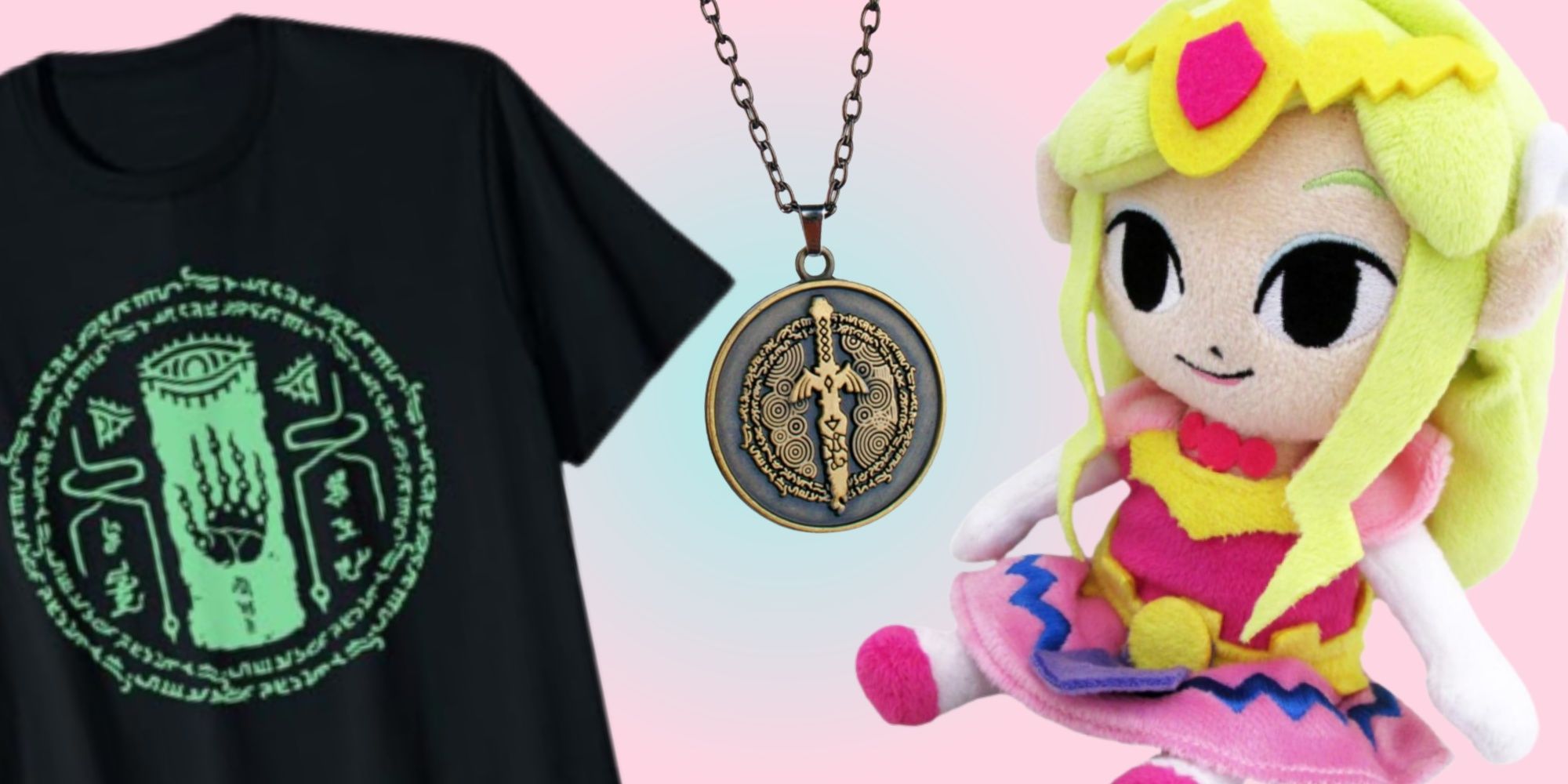Zelda tshirt, necklace, and plush on a pink background