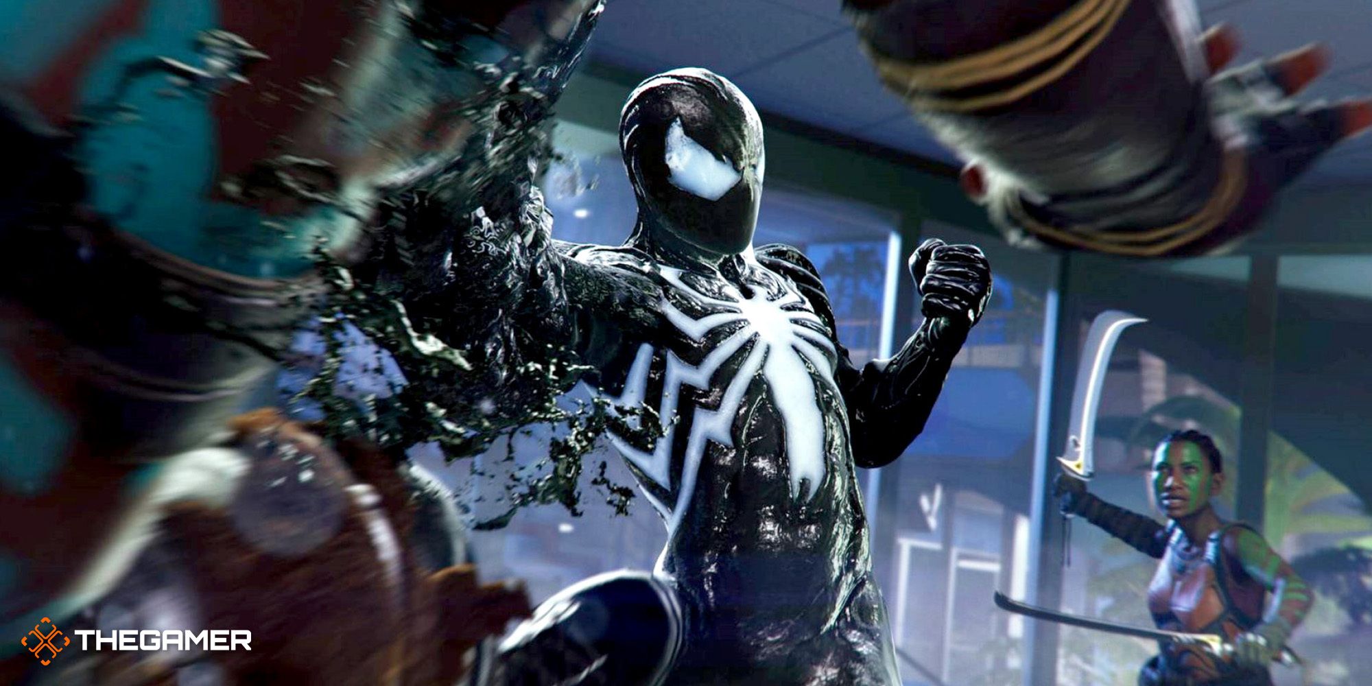 Symbiote suit Spider-Man punching a goon with a gooey fist as another Hunter runs up behind him with blades drawn.