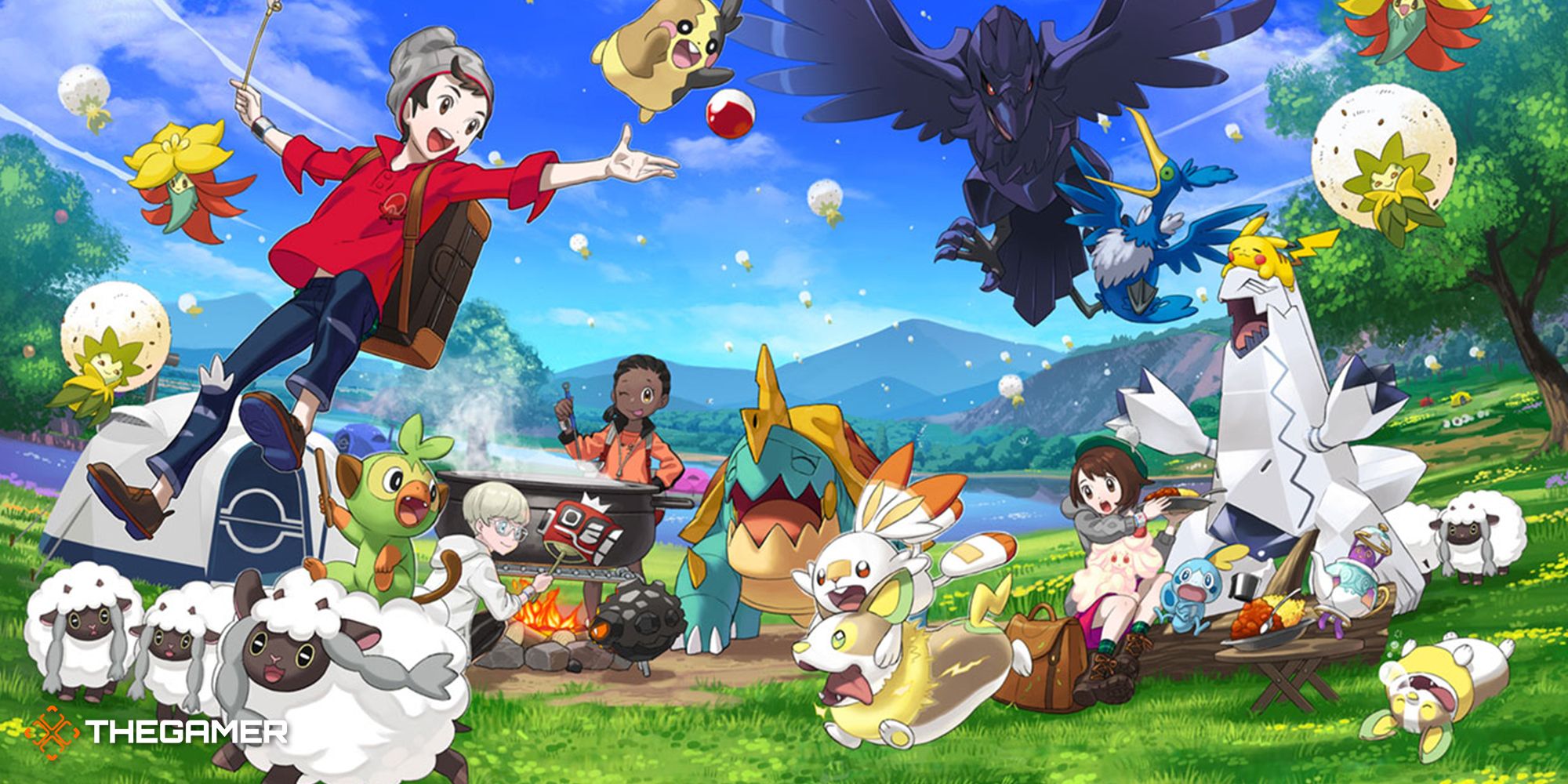 A trainer floats through the air surrounded by Pokemon on a sunny day.