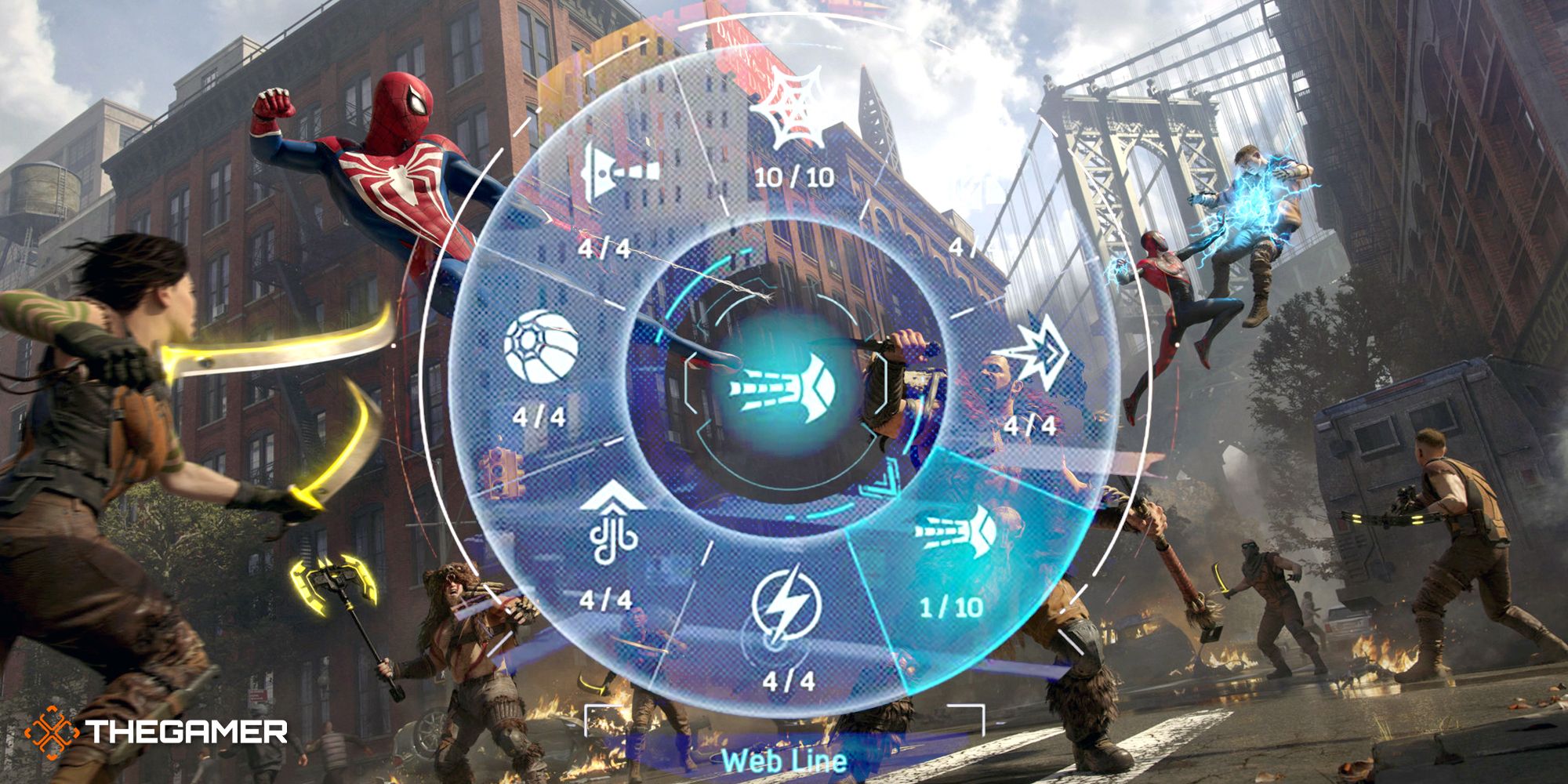Both Spider-Men fighting the Hunters in Marvel's Spider-Man 2, with the weapon wheel from the first two games superimposed over them