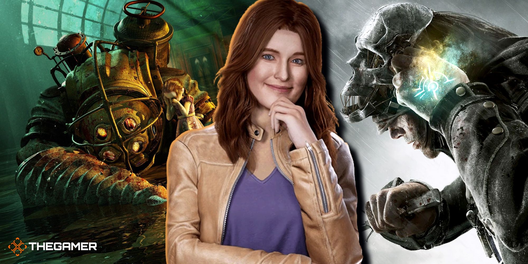 Spider-Man 2's Mary Jane Watson smiling at the camera, with a Big Daddy from BioShock on the left, and Corvo from Dishonored on the right