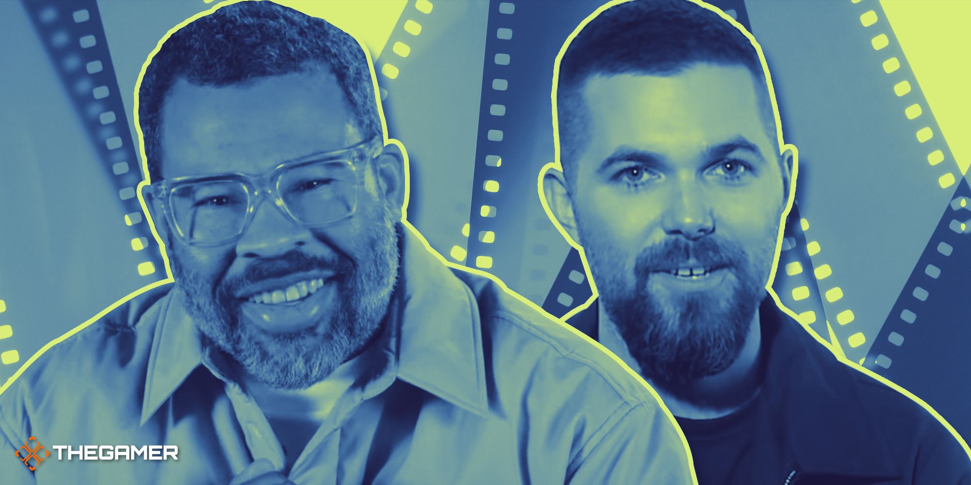 Jordan Peele and Robert Eggers smiling with film strips in the background. The picture is in black and white, with green highlights.