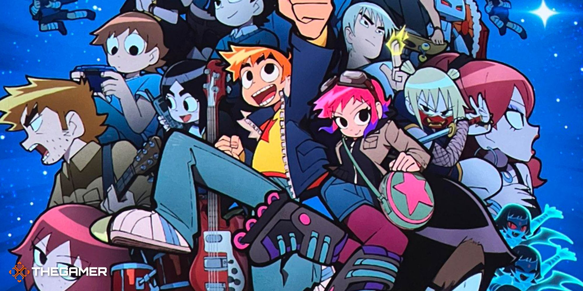 The poster for Scott Pilgrim Takes Off, with most of the major characters pictured.